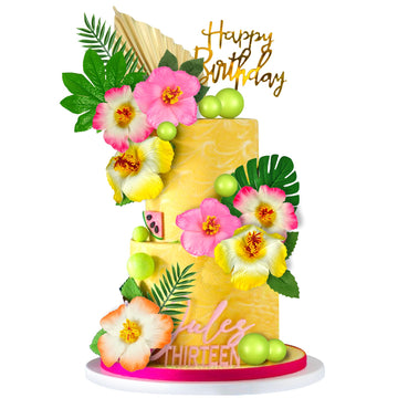 25 Pcs Flower Cake Topper Hawaiian Cake Decorations With Palm Leaves Hibiscus Flowers Balls For Hawaii Aloha Jungle Summer Theme