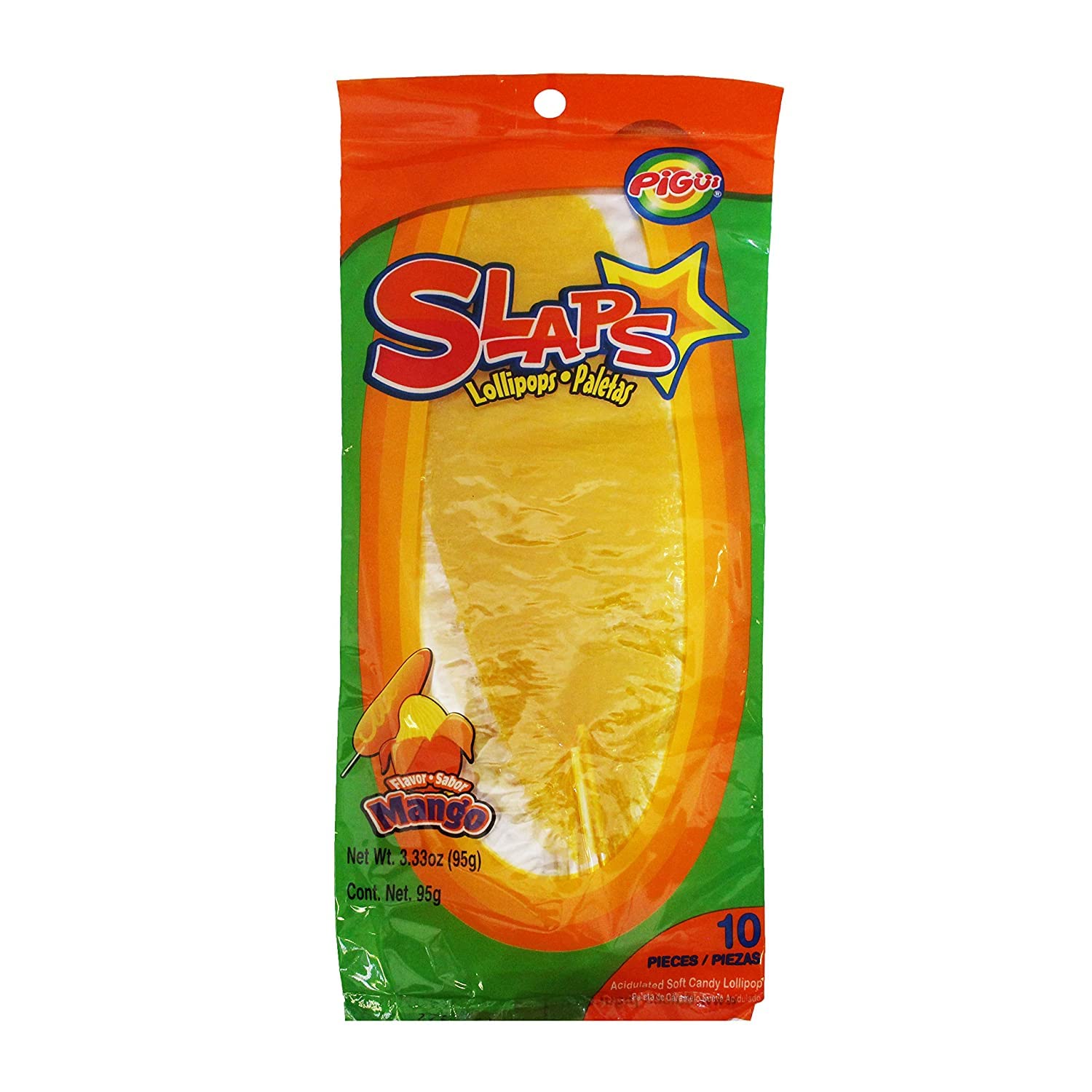 Dulces Pigui Slaps Mango Flavor Paletas Mexican Candy (10 Lollipops)