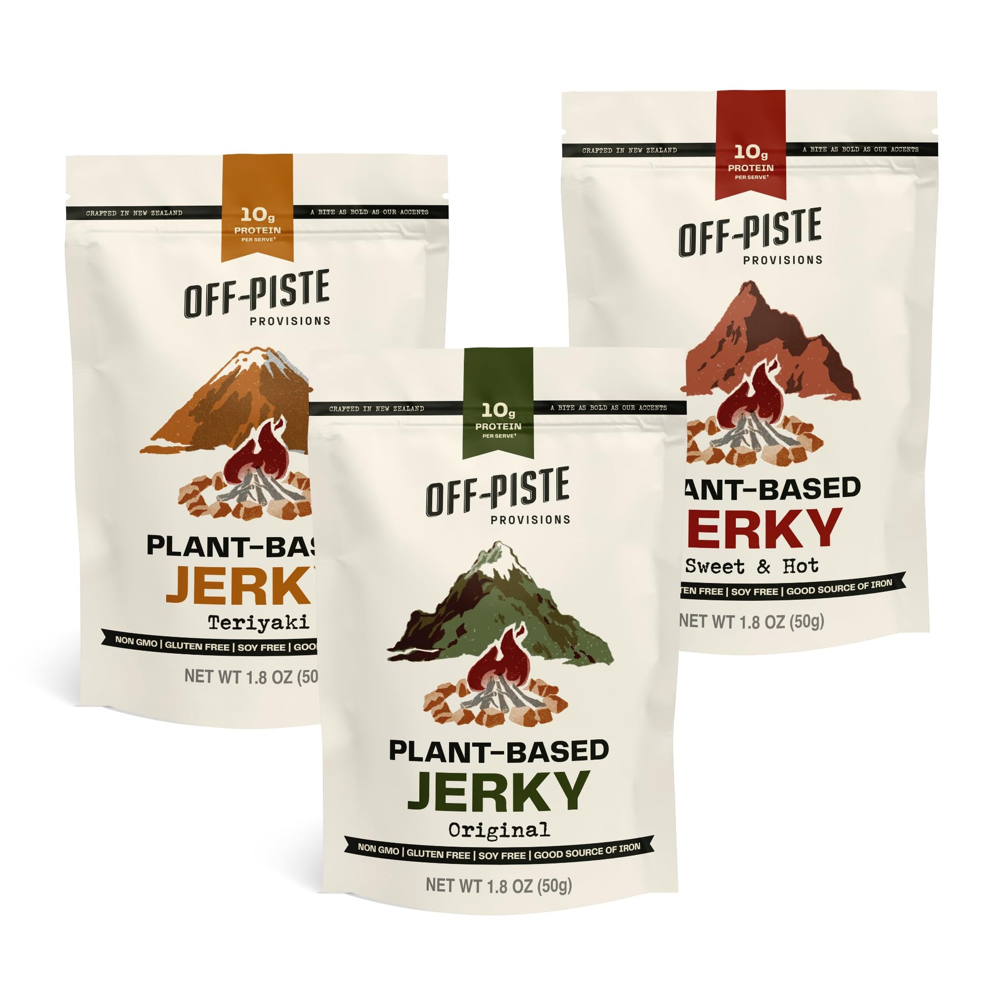 Off-Piste Variety Pack Plant-Based Jerky, 1.8oz., Pack of 3 - High Protein Healthy Snacks Vegan Jerky for Recovery, School, Offi