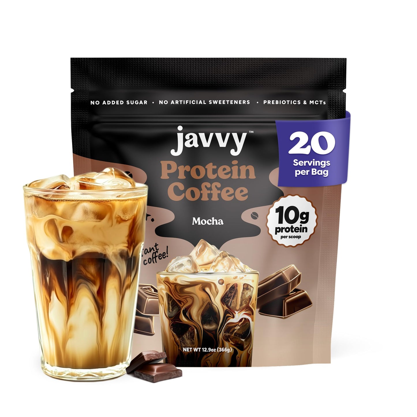 Mocha Protein Iced Coffee - enhanced Whey Protein & Instant Iced Coffees - 100% Natural Cold Brew - Zero Artificial Flavors & Sweeteners  80 mg Caffeine Per Serving  No Added Sugar  20 Servings