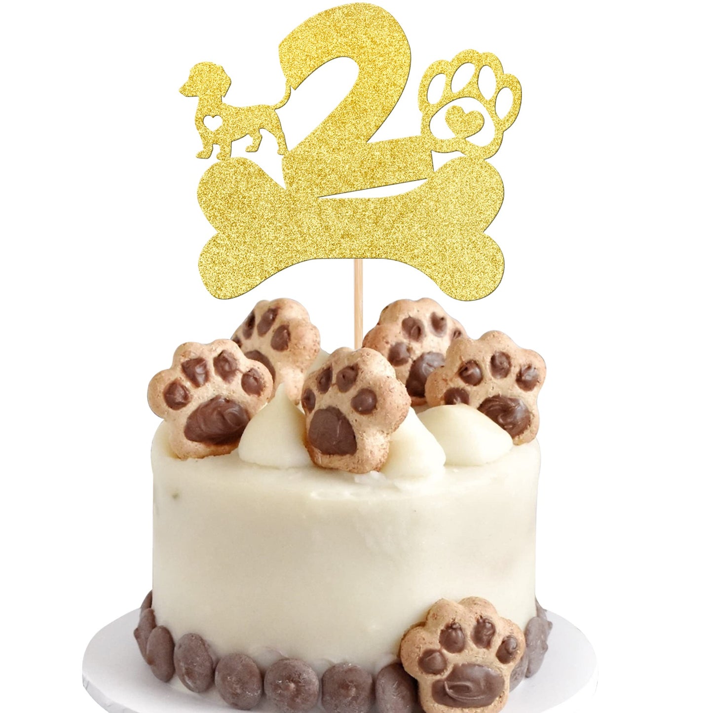 1 PCS 2nd Birthday Cake Topper with Gold Glitter Dog Paw Two Years Old Birthday Puppy Dog Bone Cake Pick for Let's Pawty Baby Sh