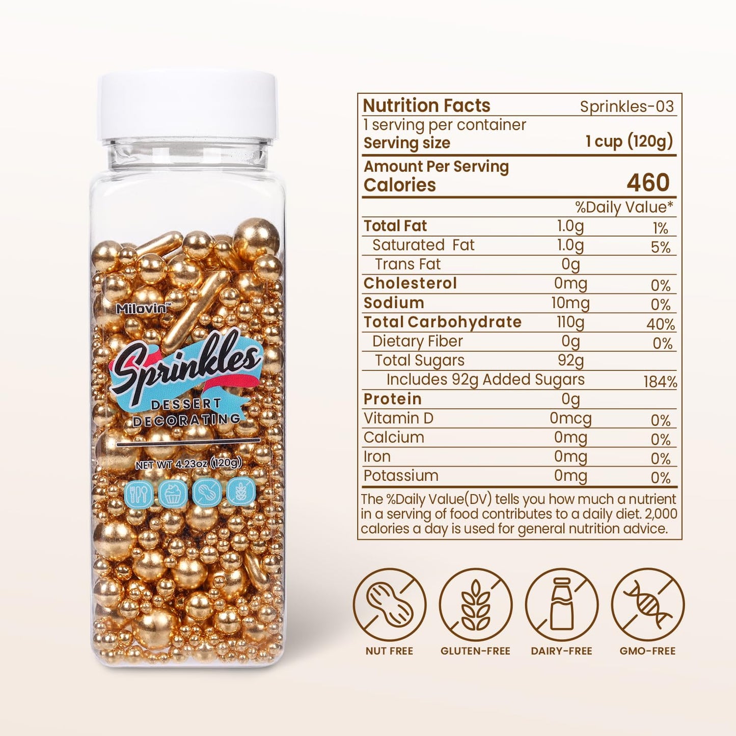 Gold Pearl Sprinkles For Cake Decorating, Gold Pearl Metallic Rod Mix, 4.23 Oz Gold Sprinkles For Cupcakes, Ice Cream, Cookies,