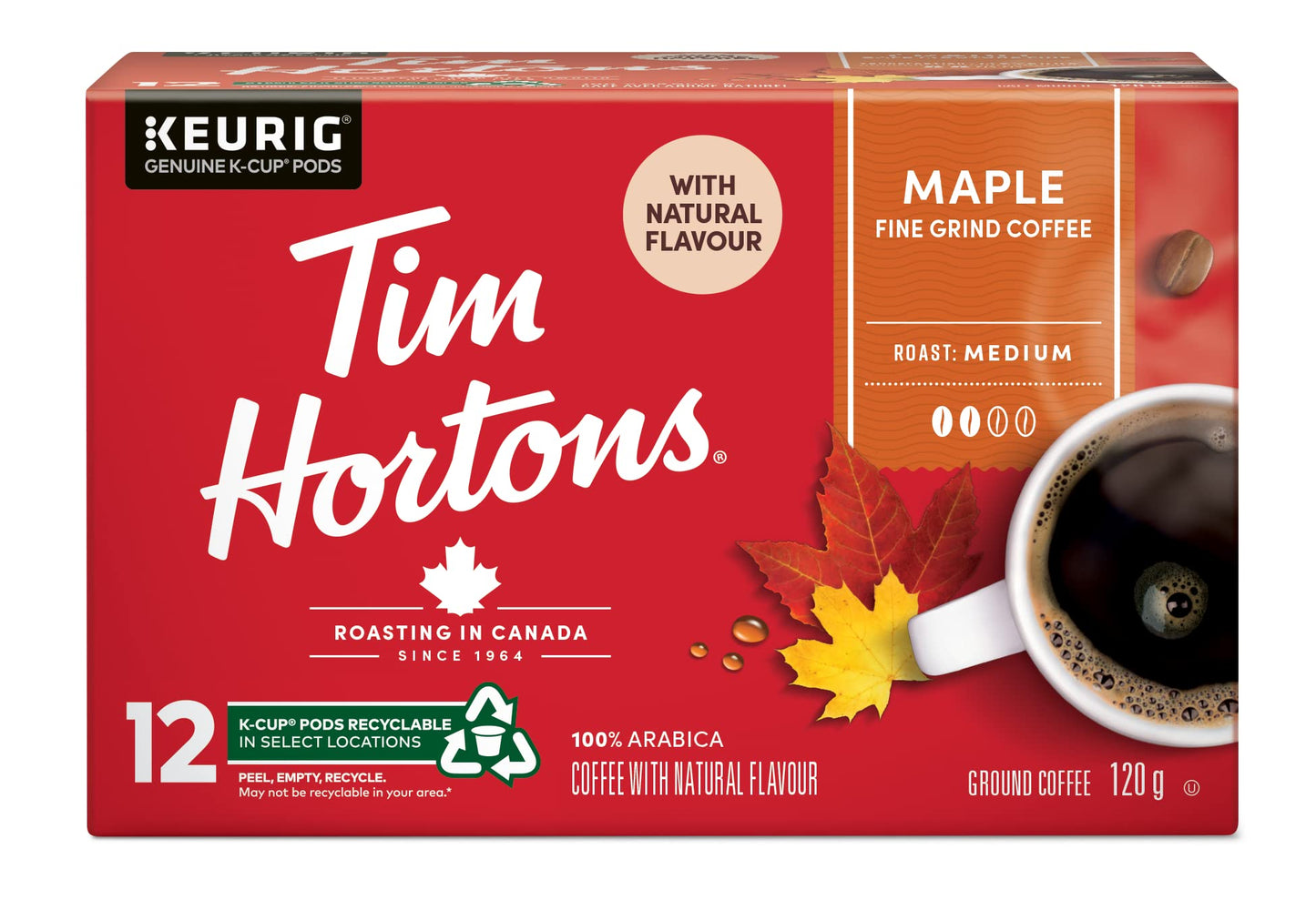 Tim Hortons Maple Coffee, Recyclable Single Serve Keurig K-Cup Pods, Flavoured Medium Roast, 12 Count