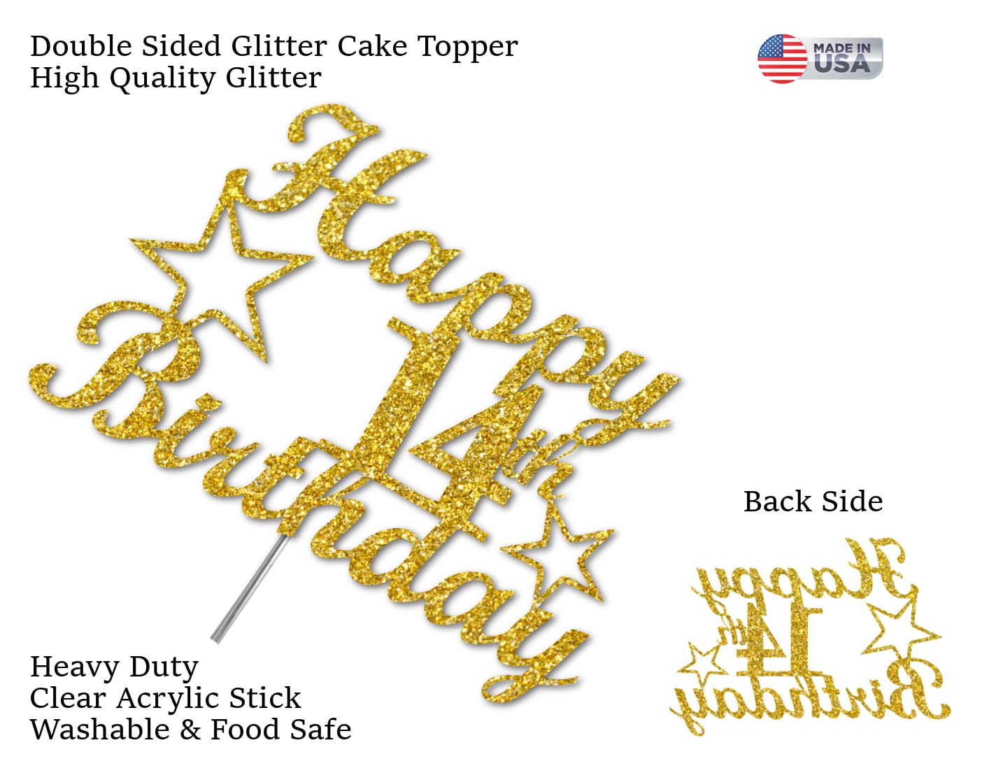14 Birthday Cake Topper Gold Glitter, Party Decoration Ideas, Premium Quality, Sturdy Doubled Sided Glitter, Acrylic Stick. Made