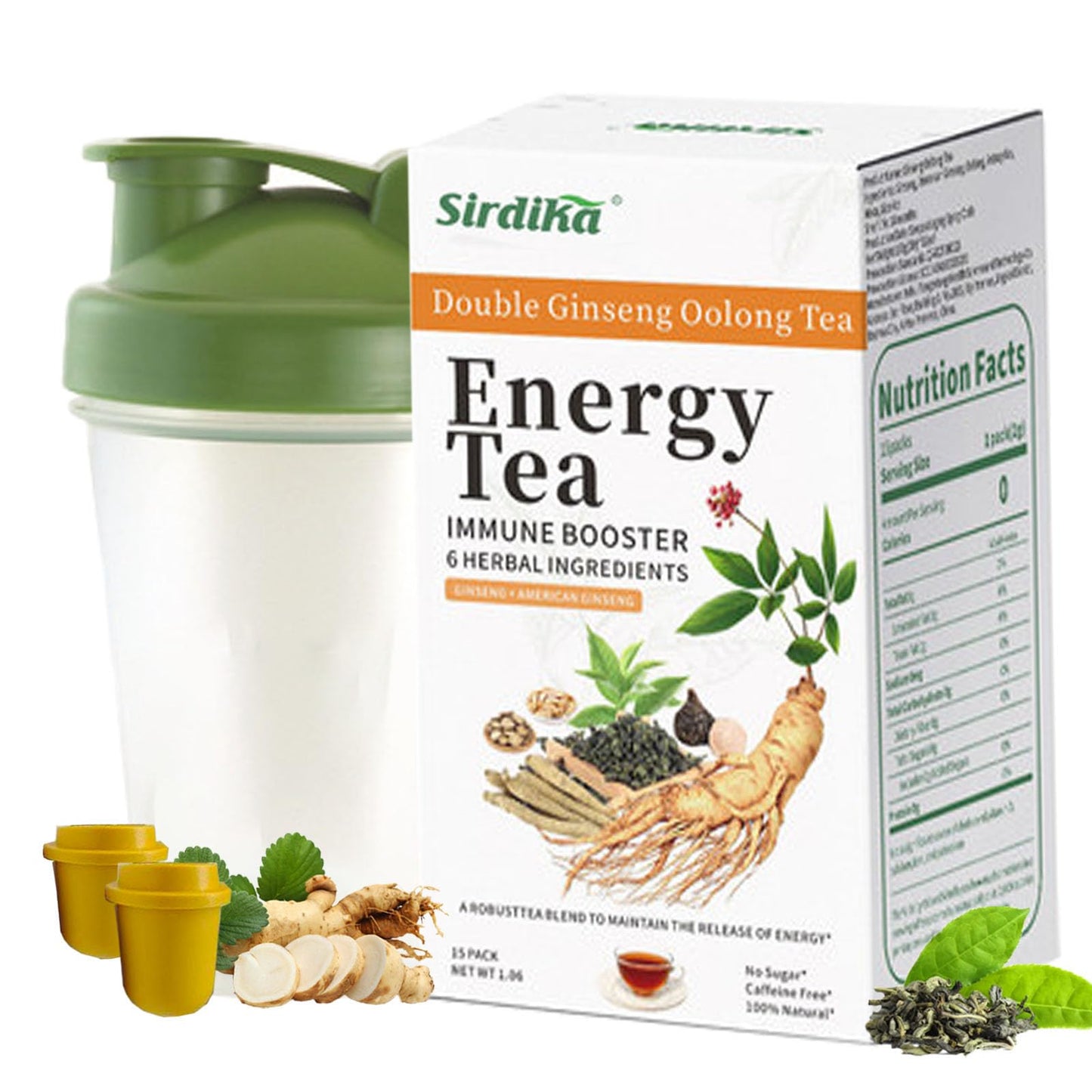 Energy Tea Immune Booster Ginseng Tea, Ginseng Oolong Tea with Sports Water Bottle, Natural Ingredients, Boosts Energy, 3-Second