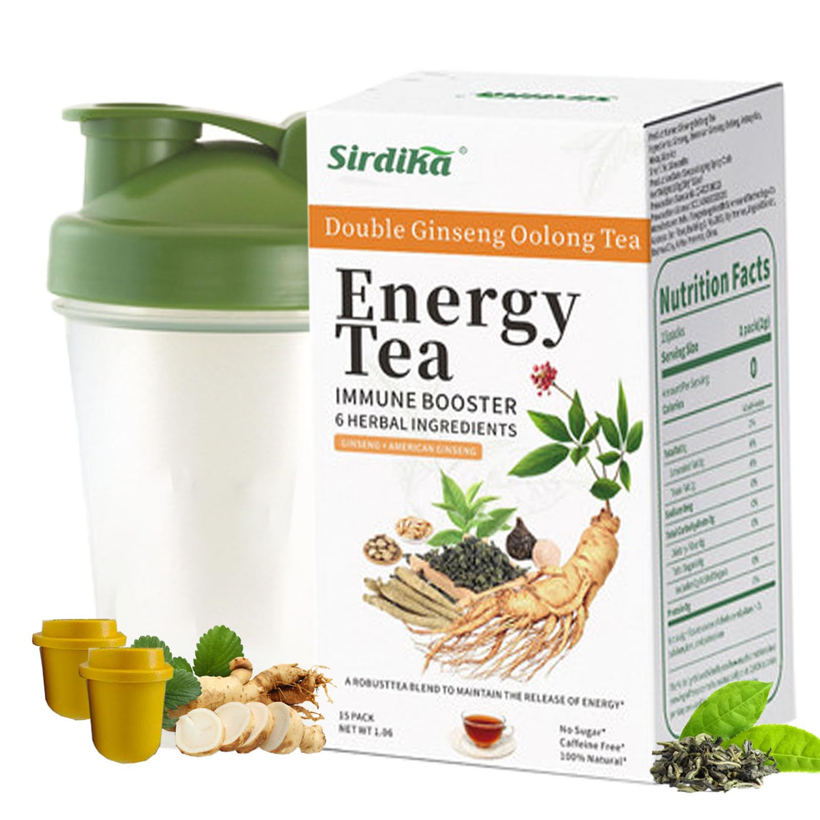 Energy Tea Immune Booster Ginseng Tea, Ginseng Oolong Tea with Sports Water Bottle, Natural Ingredients, Boosts Energy, 3-Second