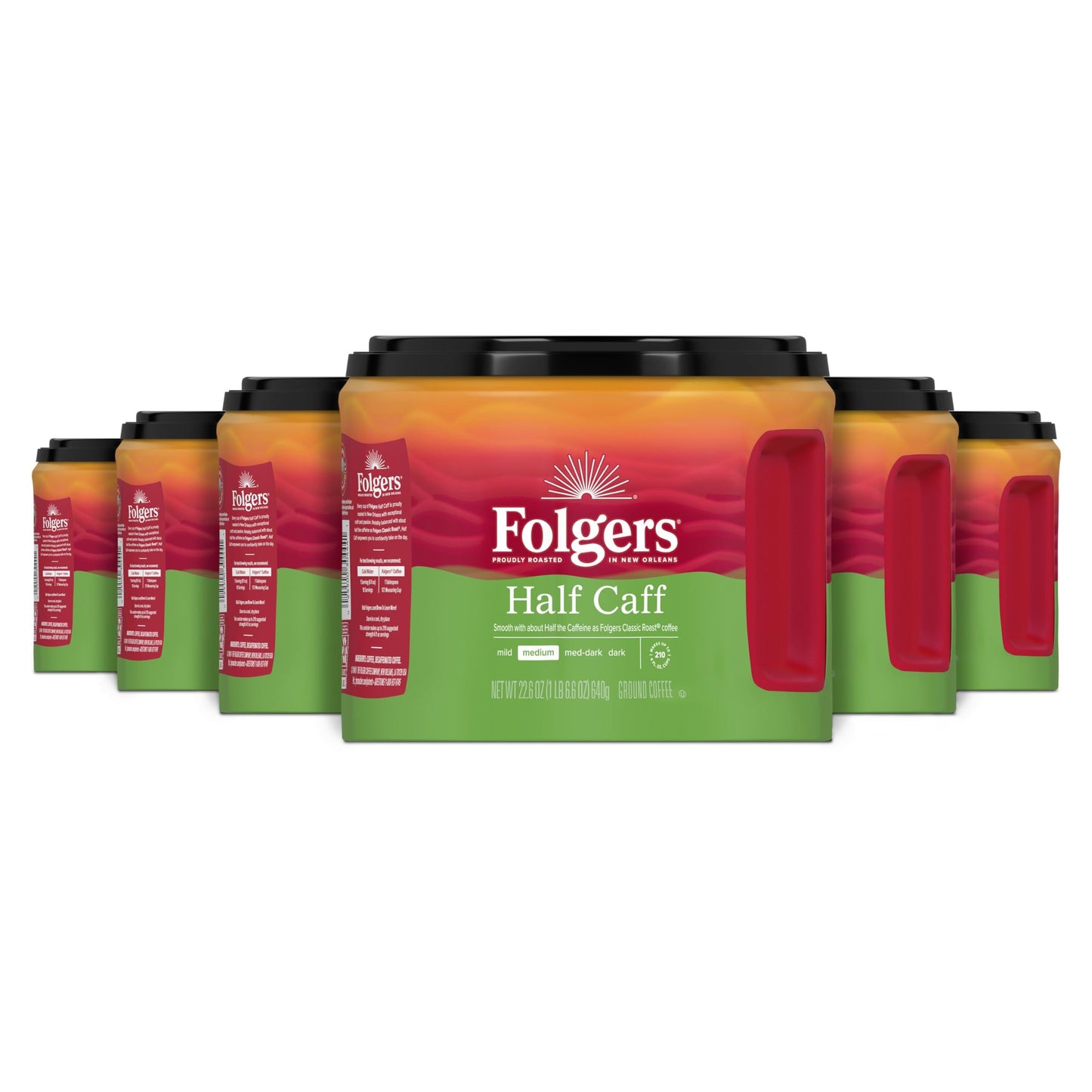 Folgers Half-Caff Medium Roast Ground Coffee, 22.6 Ounce (Pack of 6), Red, Model 2550030444