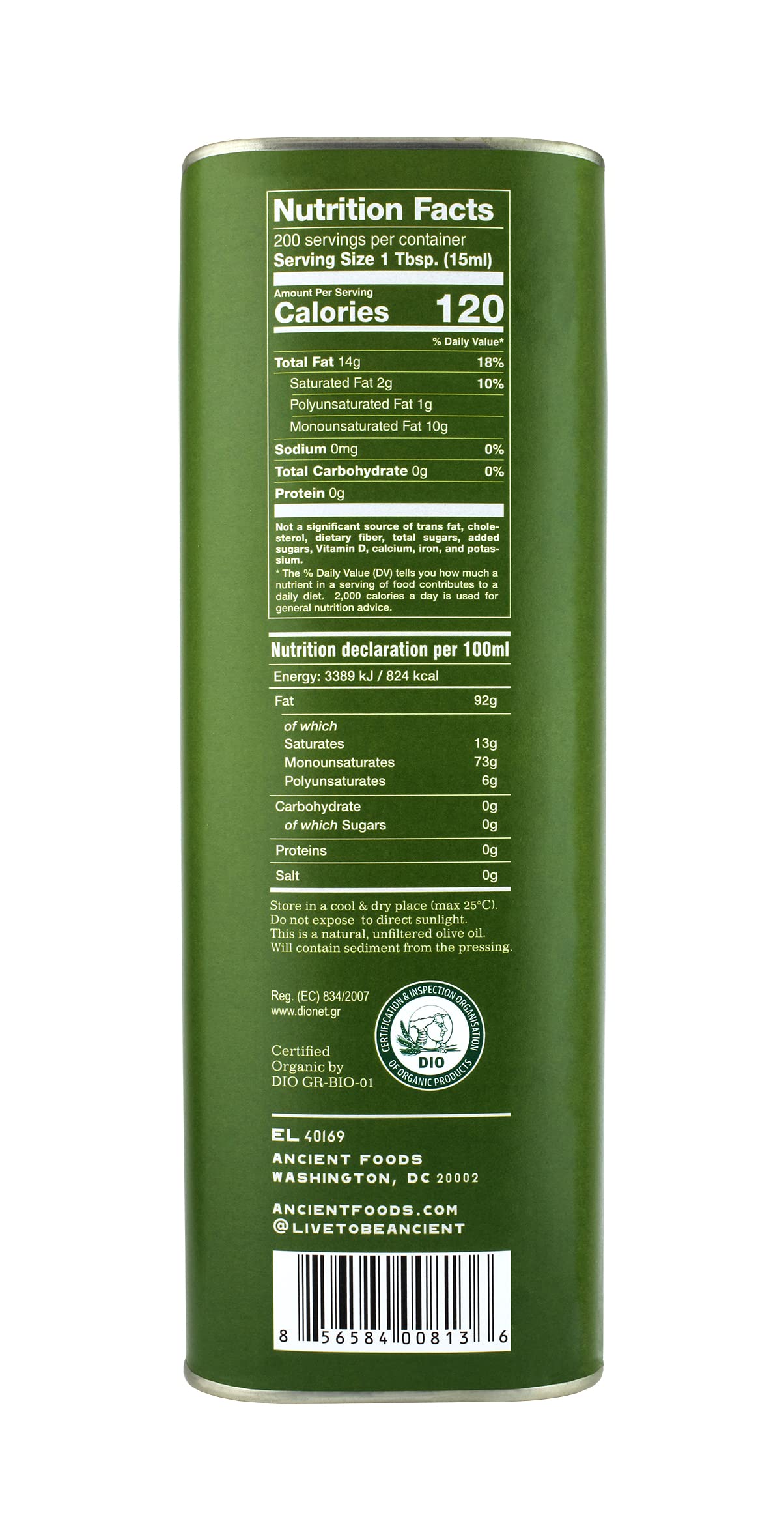 Ancient Foods Keros Greek Organic Extra Virgin Olive Oil - Cold Pressed Olive Oil From Greece, High Phenolic Organic Olive Oil F