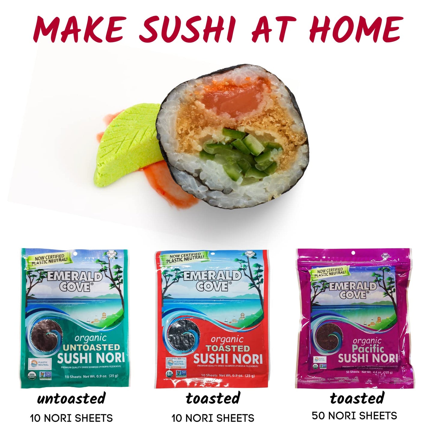 Emerald Cove Organic Nori Sheets For Sushi, Onigiri, Wraps, Non-Gmo, Roasted Nori, Resealable Package, Product Of Korea, 50 Shee