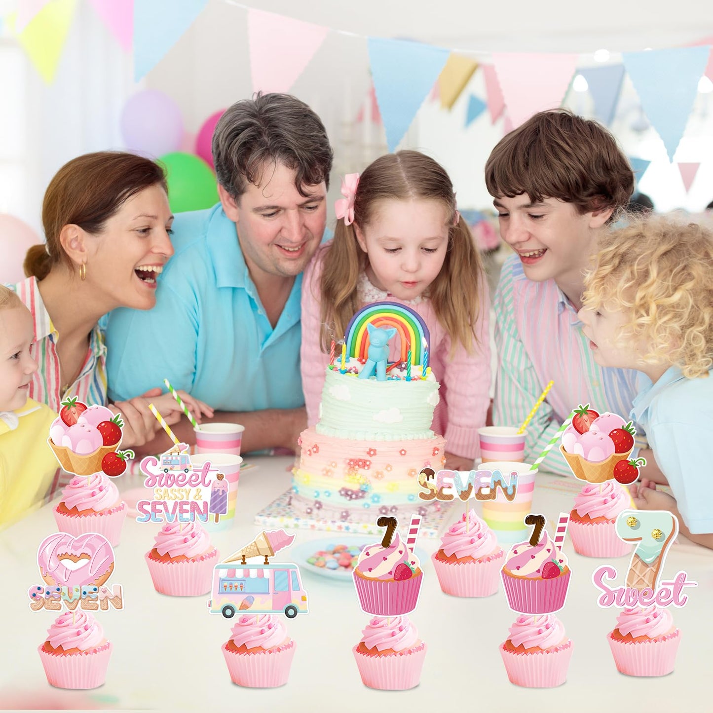 Joybileefun 40PCS Ice Cream Cupcake Toppers, Paper Birthday Decorations, 2*4 inches, Sweet Sassy and Seven Color