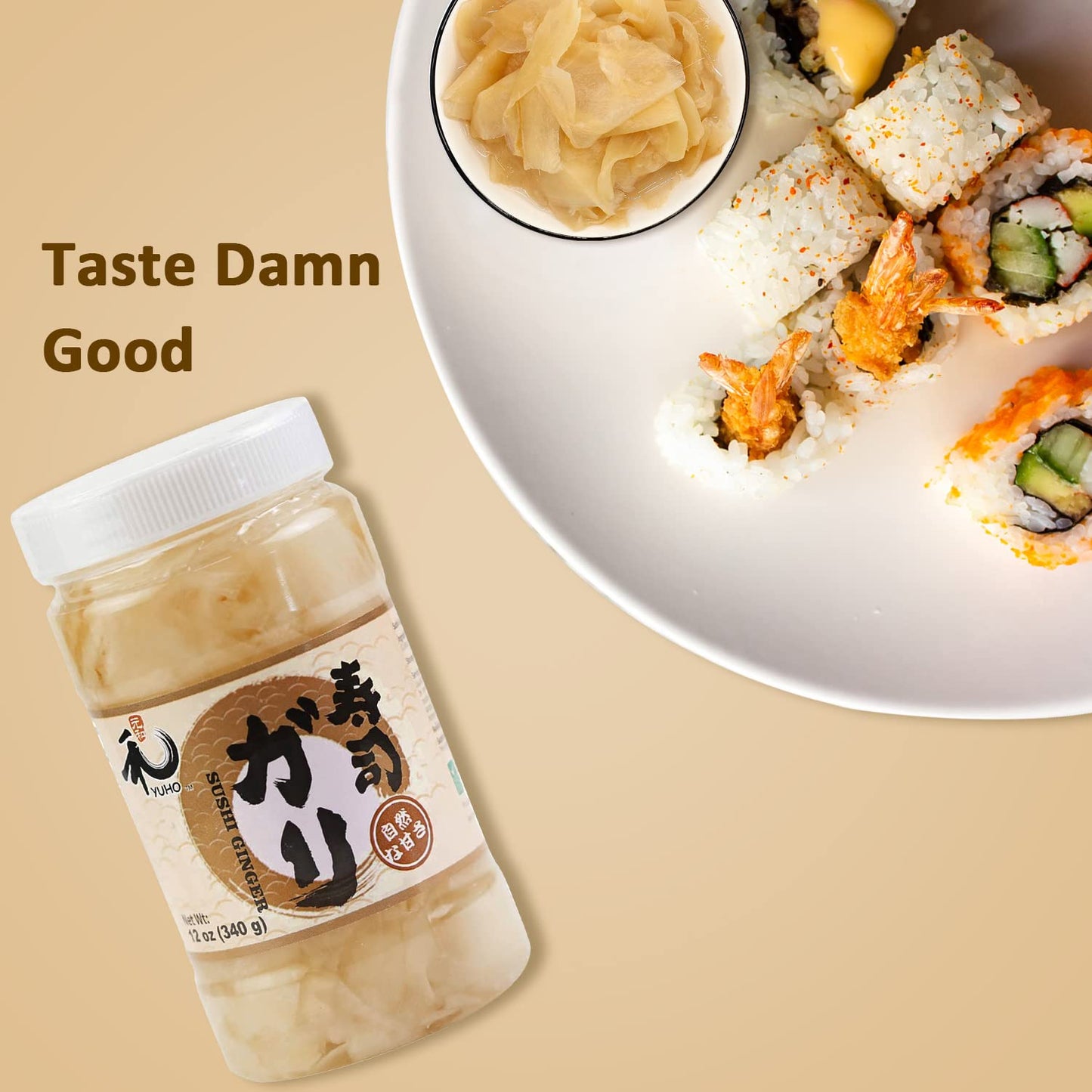 YUHO Pickled Sushi Ginger, Japanese White Gari Sushi Ginger Fat Free, Sugar Free, Kosher, BRC, No MSG, Low cal 12 oz