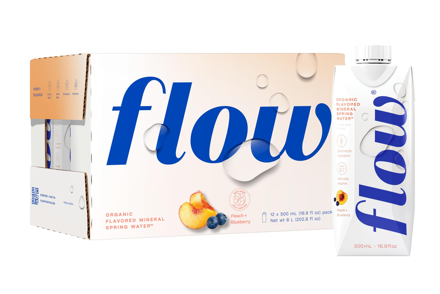 Flow Mineral Spring Water - Peach And Blueberry Flavored Naturally Alkaline Water With Electrolytes And Essential Minerals - Eco-Friendly Pack, Bpa-Free, Non-Gmo, 12 Pack Of 16.9 Fl Oz Bottles