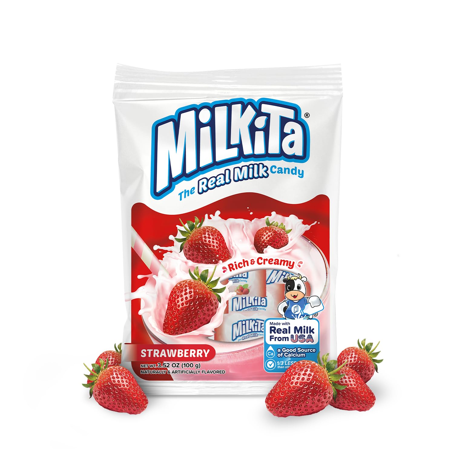 Milkita The Real Milk Candy Bag, Gluten Free Chewy Candies with Calcium & Real Milk, Zero Trans Fat, Low-Sugar, Strawberry Flavo