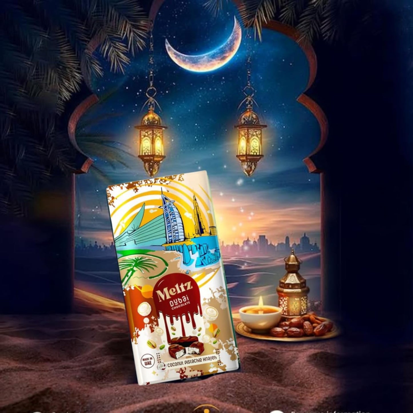 Meltz Pistachio Chocolate Coconut Bar 192g - elegant Milk Chocolate, Individually Wrapped, Perfect Dubai Sweets Treat Box
