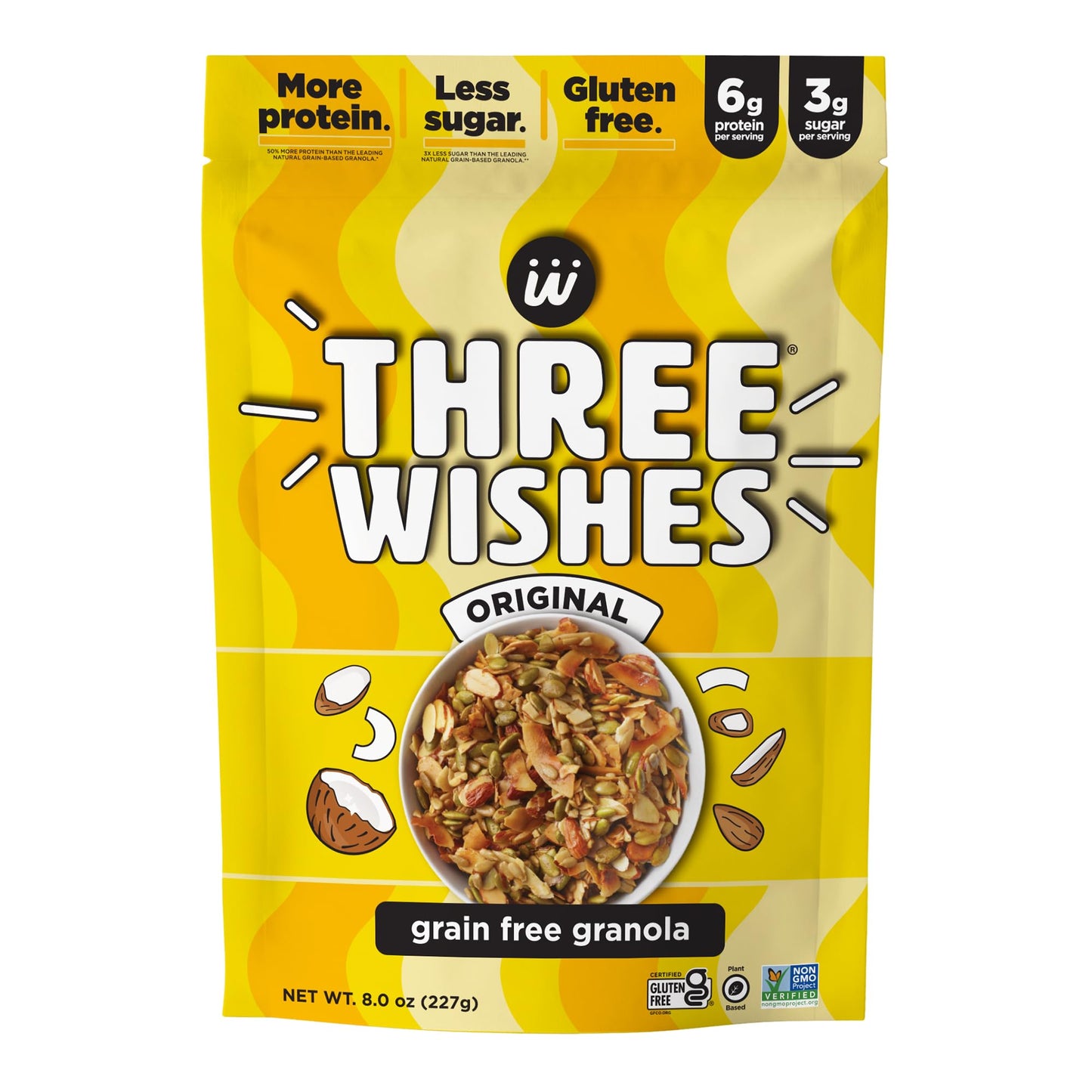 Three Wishes Granola, Original (4-Pack) - Gluten Free Granola, 6g Protein & 3g Sugar Healthy Breakfast & On-the-Go Snack - Vegan