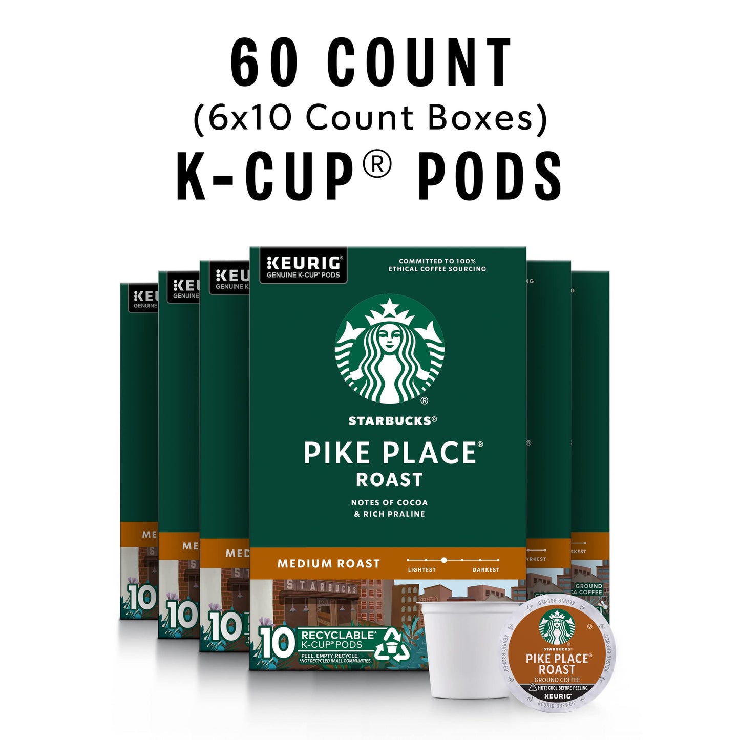 Starbucks K-Cup Coffee Pods, Medium Roast, Pike Place, 10 Count (Pack of 6), 100% Arabica