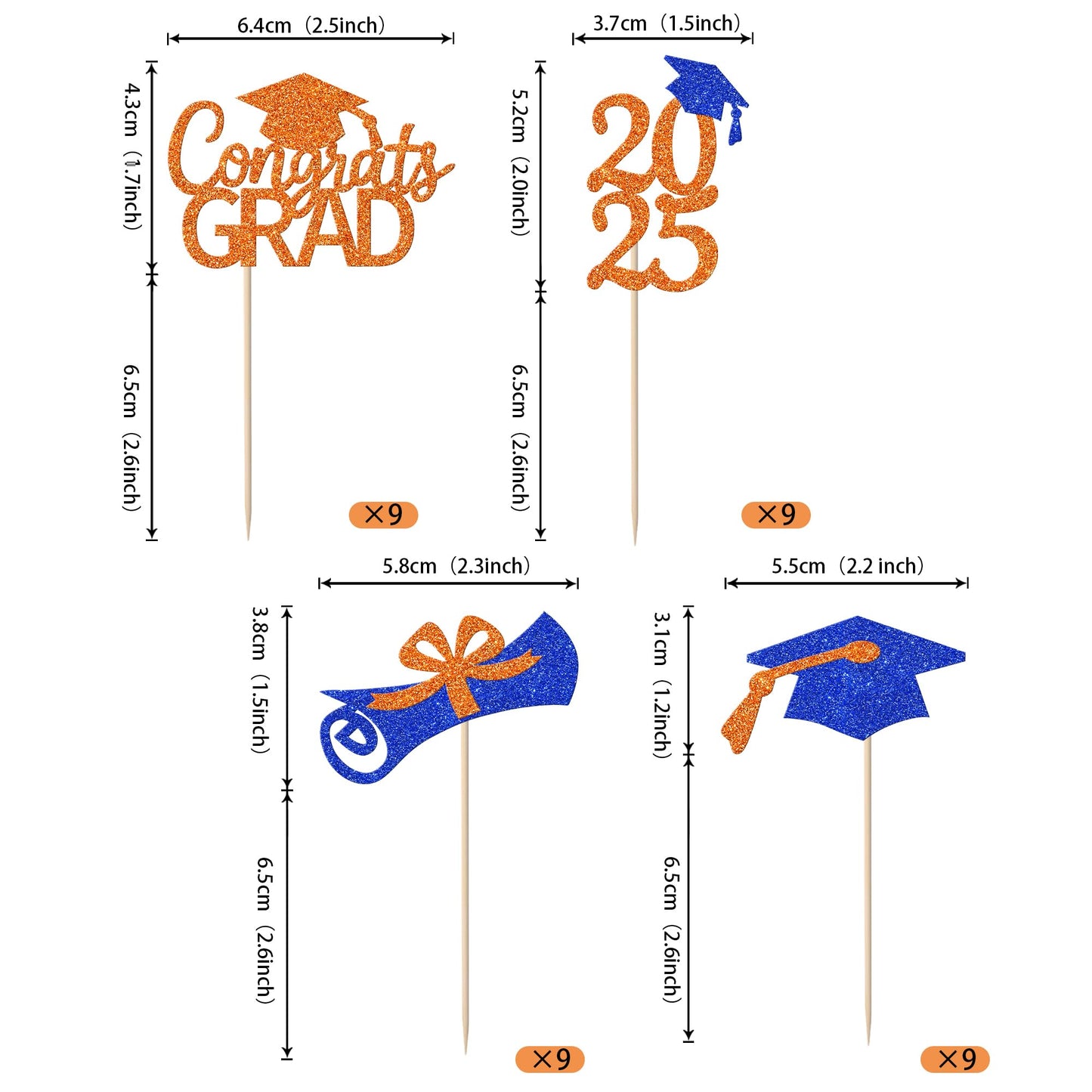 Rssta i Graduation Cupcake Toppers, 36 Pack, Paper, Orange Blue, Class of 2025 Cake Decorations, Diploma Cap Food Picks