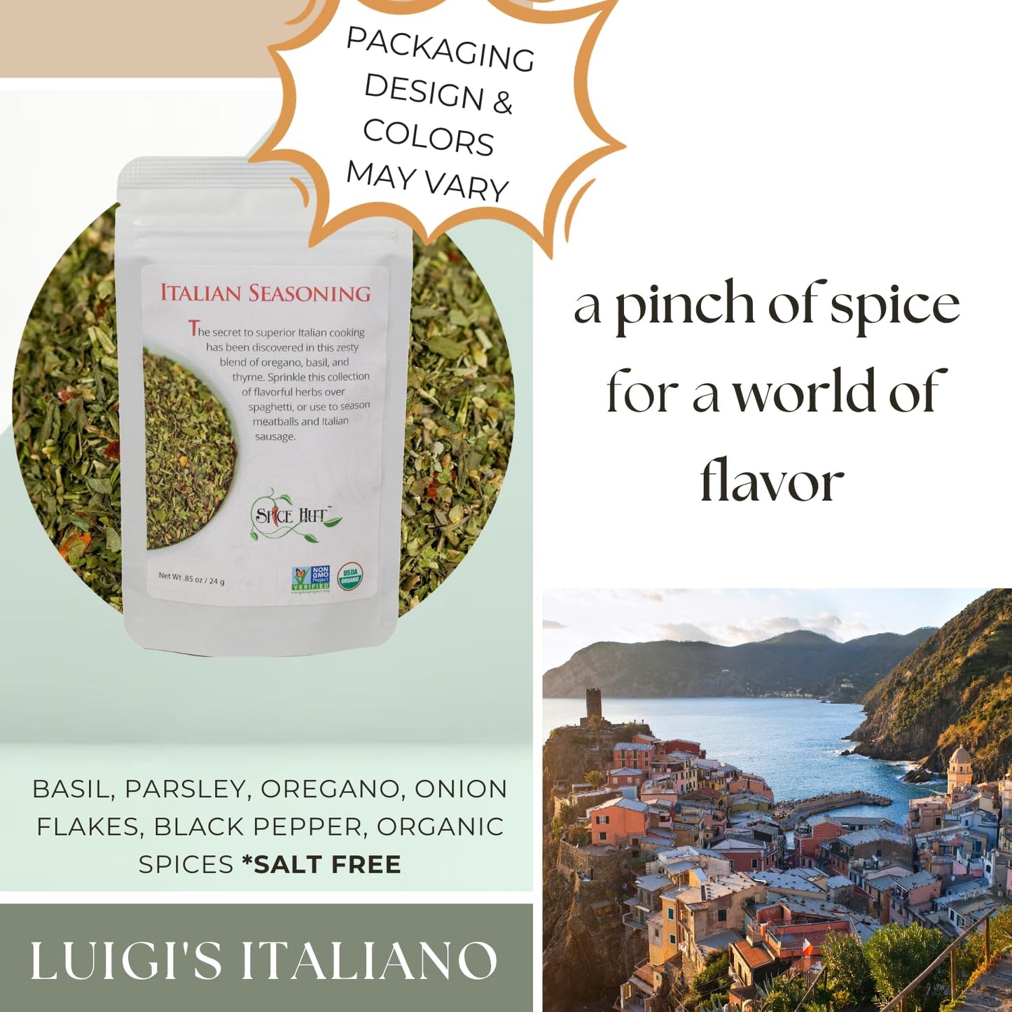Luigi'S Italiano Seasoning, Spin On Classic Italian Seasoning Organic Rich & Robust Italian Cooking, Small Pouch Salt Free, Luig