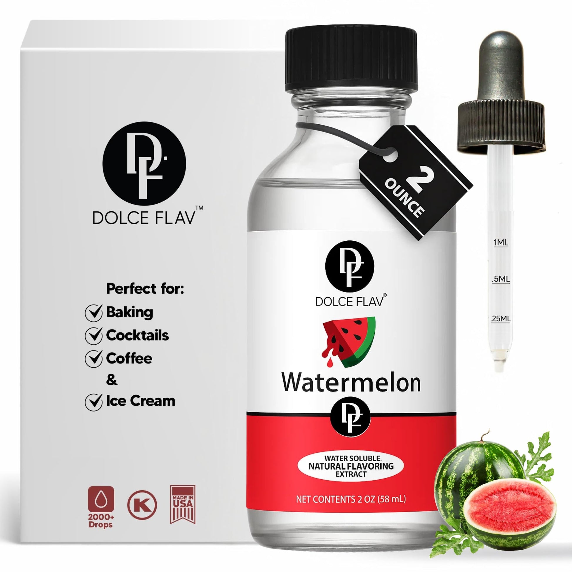 Dolce Flav Watermelon Flavoring Extract – Water-Soluble, Kosher, 2 oz Bottle