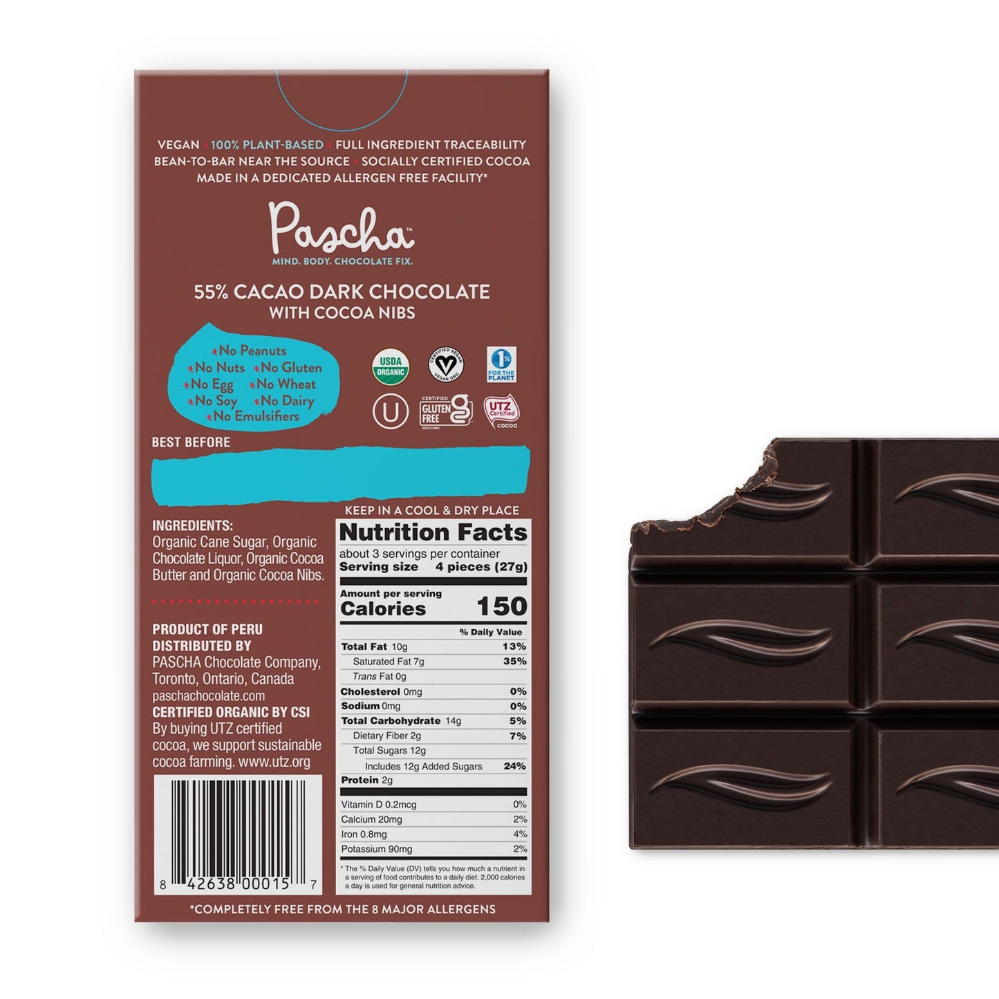 Pascha Organic Vegan Dark Chocolate Bars 55% Cacao With Cocoa Nibs, 2.8 Oz, Pack Of 10