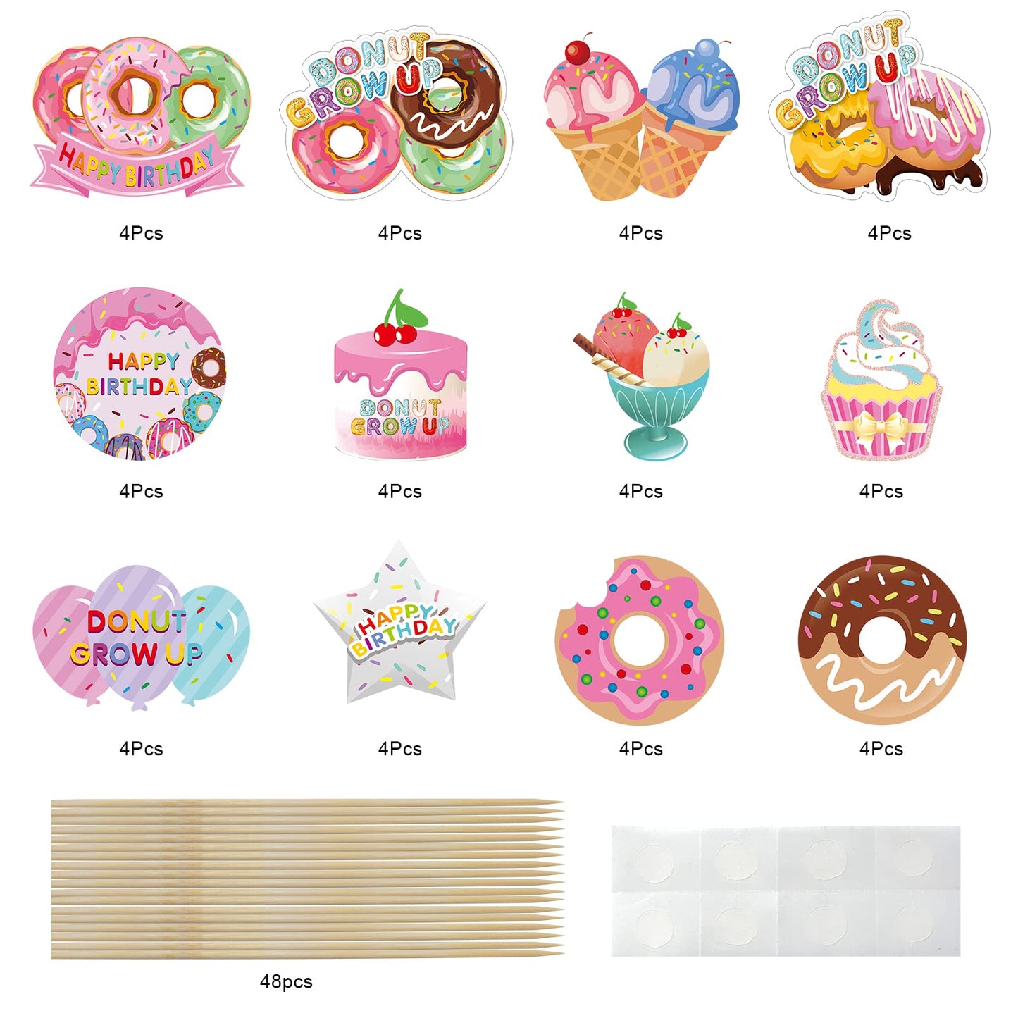 48Pcs Donut Birthday Party Supplies Donut Grow Up Cupcake Toppers, Donut Theme Party Cake Decorations, Doughnut Happy Birthday C