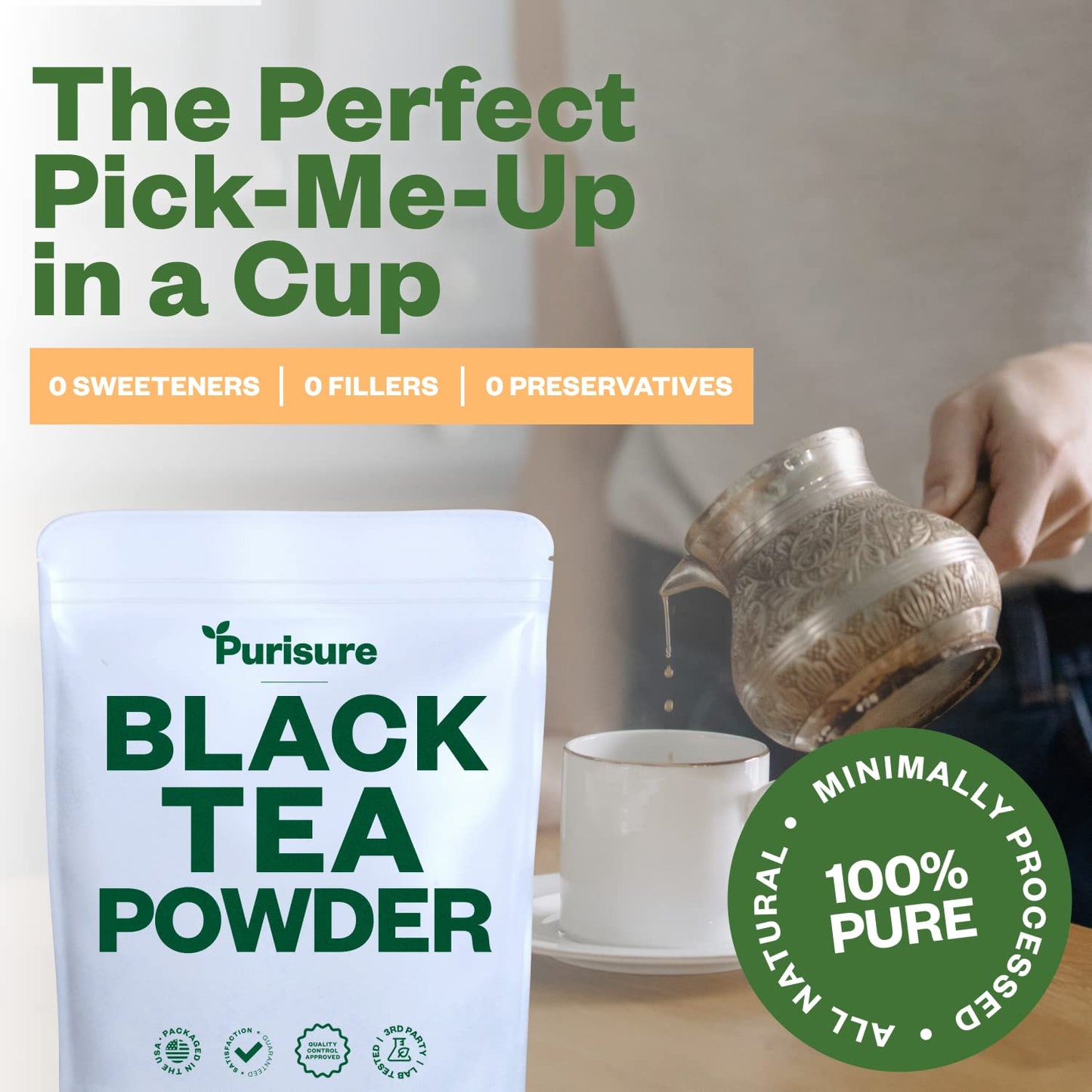 Purisure Instant Black Tea Powder, Unsweetened, 125g, Quick Dissolve for Hot/Cold Tea, Non-GMO, 125 Servings