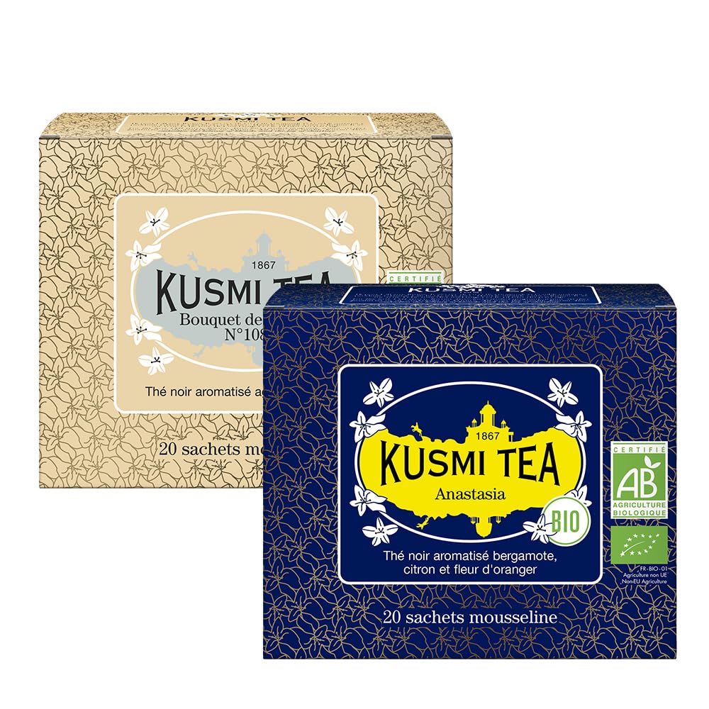 KUSMI TEA Organic Black Tea Bags - Anastasia & Bouquet of Flowers No.108 - 2 Boxes of 20 Bags Each