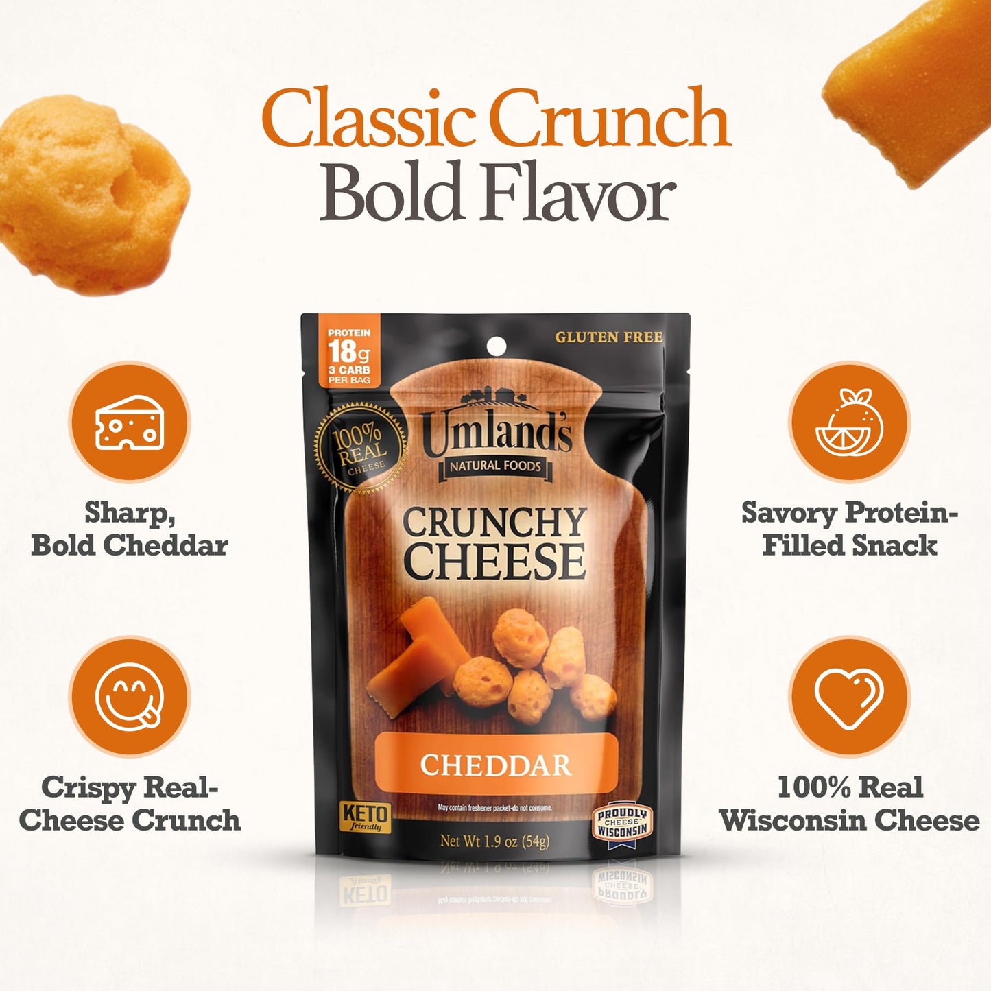 Umlands Crunchy Cheese - Cheddar (3      1.9  oz Bags) | 100% Real Wisconsin Cheese, Keto, Low-Carb, High-Protein, Gluten-Free,