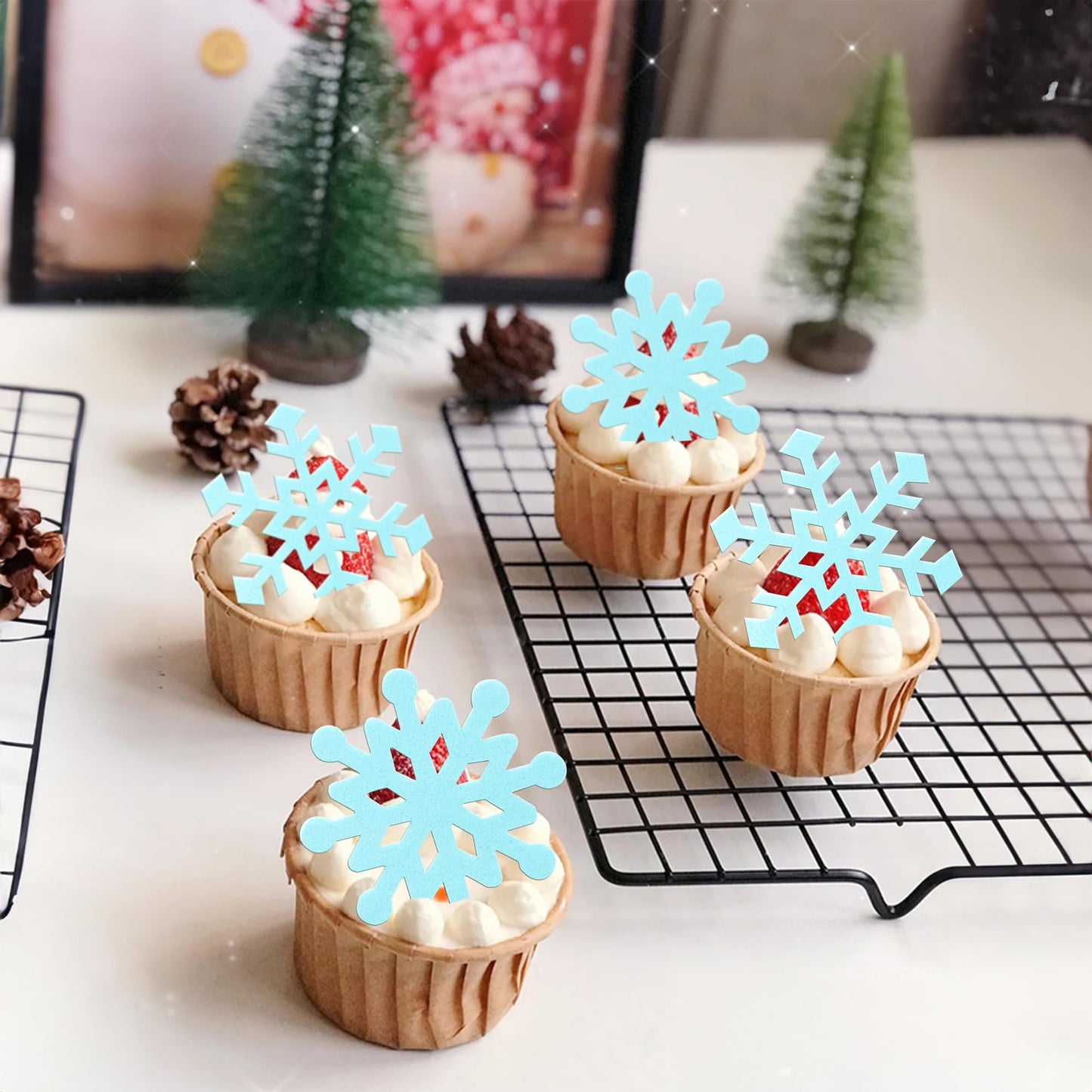 Gyufise 60Pcs Edible Snowflakes Cupcake Toppers - Snowflake Cake Decorations Wafer Paper Sprinkles For Christmas Winter Holiday Theme Party Supplies Blue