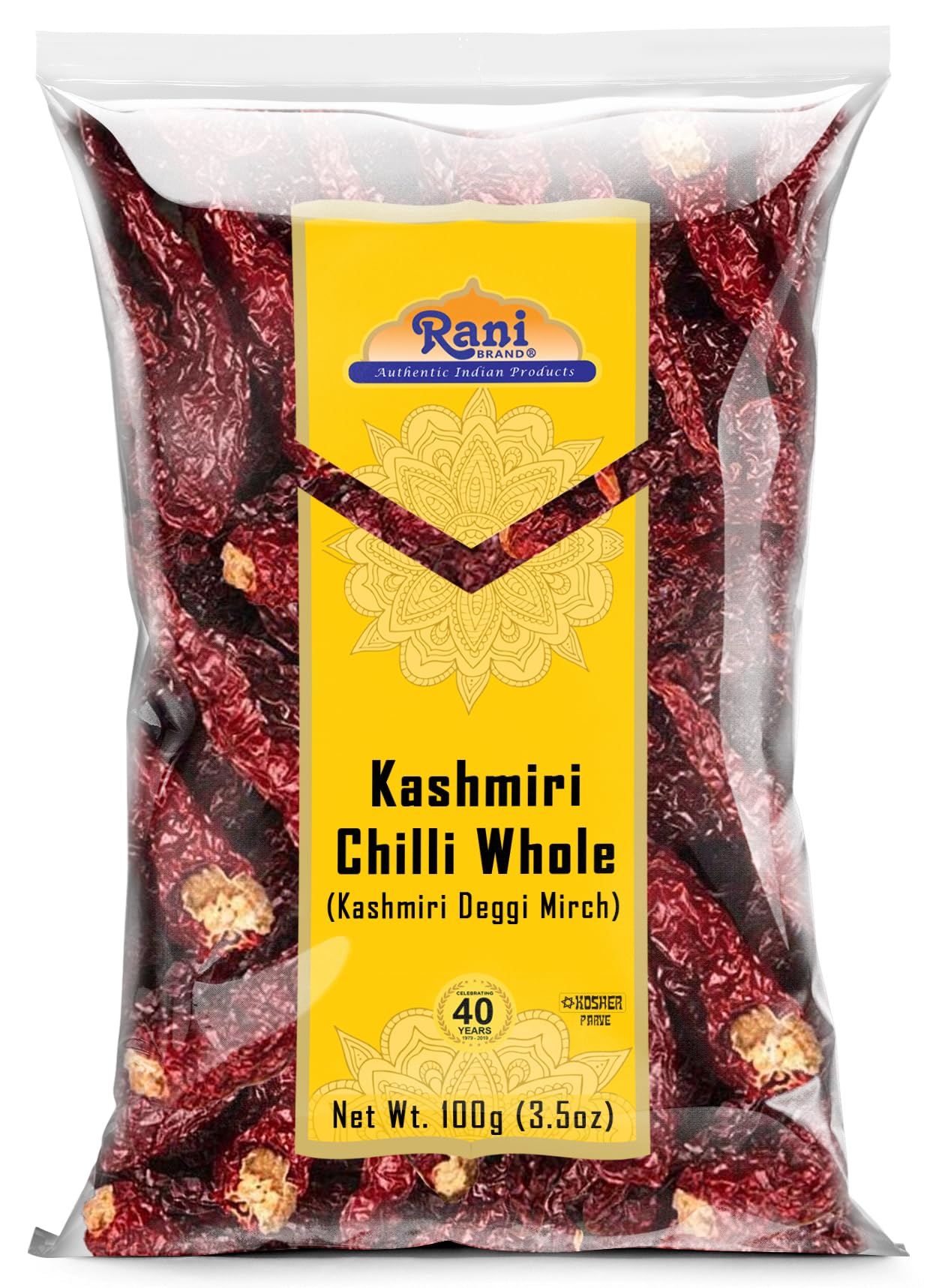 Rani Kashmiri Chilli Whole (Deggi Mirch, Low Heat) 3.5oz (100g) ~ Natural | Salt-Free | Vegan | No Colors | Gluten Friendly | NO
