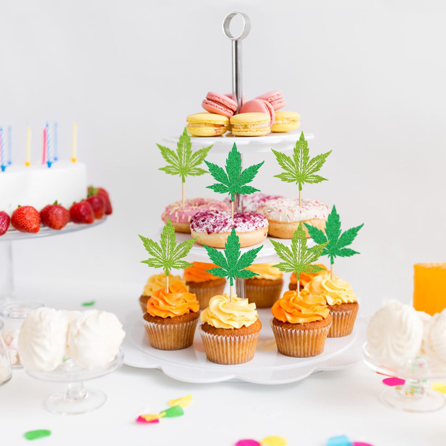 Ercadio 24 Pcs Green Glitter Cupcake Toppers for Birthday Cake Decorations, Party Supplies