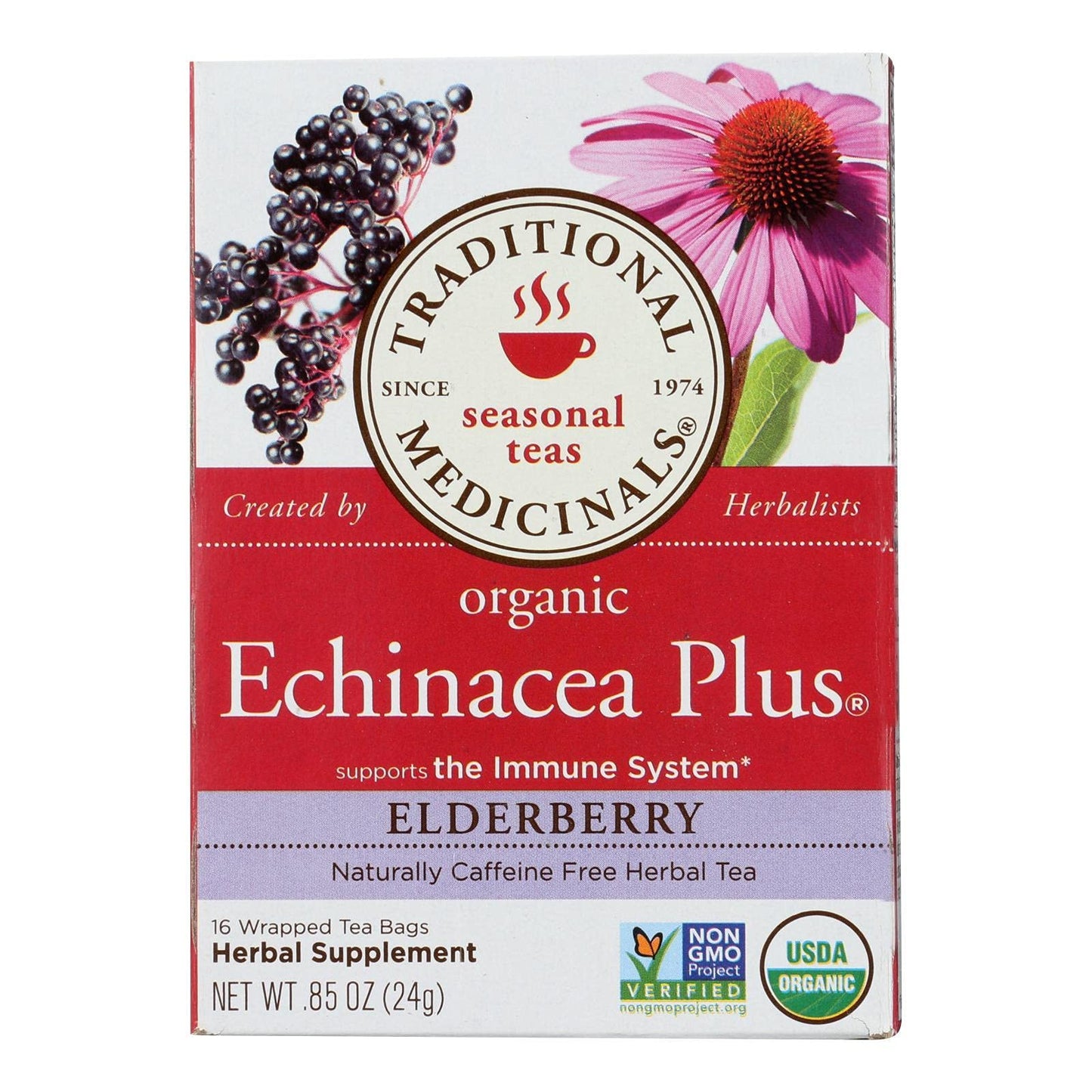 Organic Echinacea Plus Elderberry Seasonal Tea, 16 Tea Bags (Pack of 6)