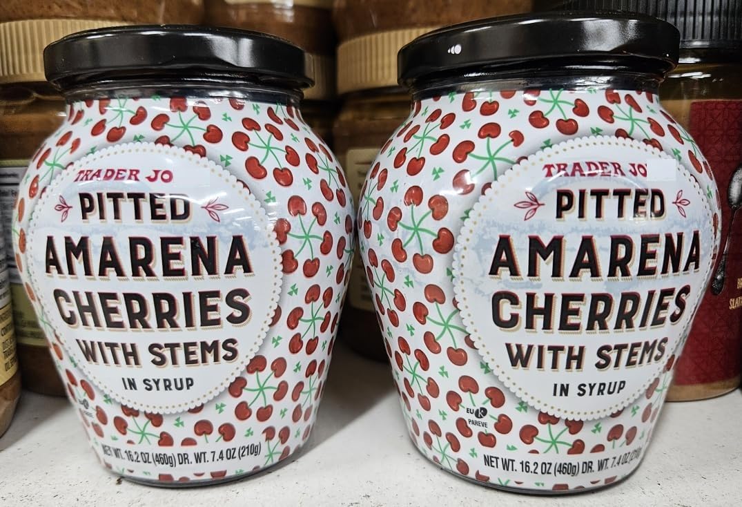 Trader Joe Pitted Amarena Cherries with Stems in Syrup 16.2oz 460g (Two Jars)