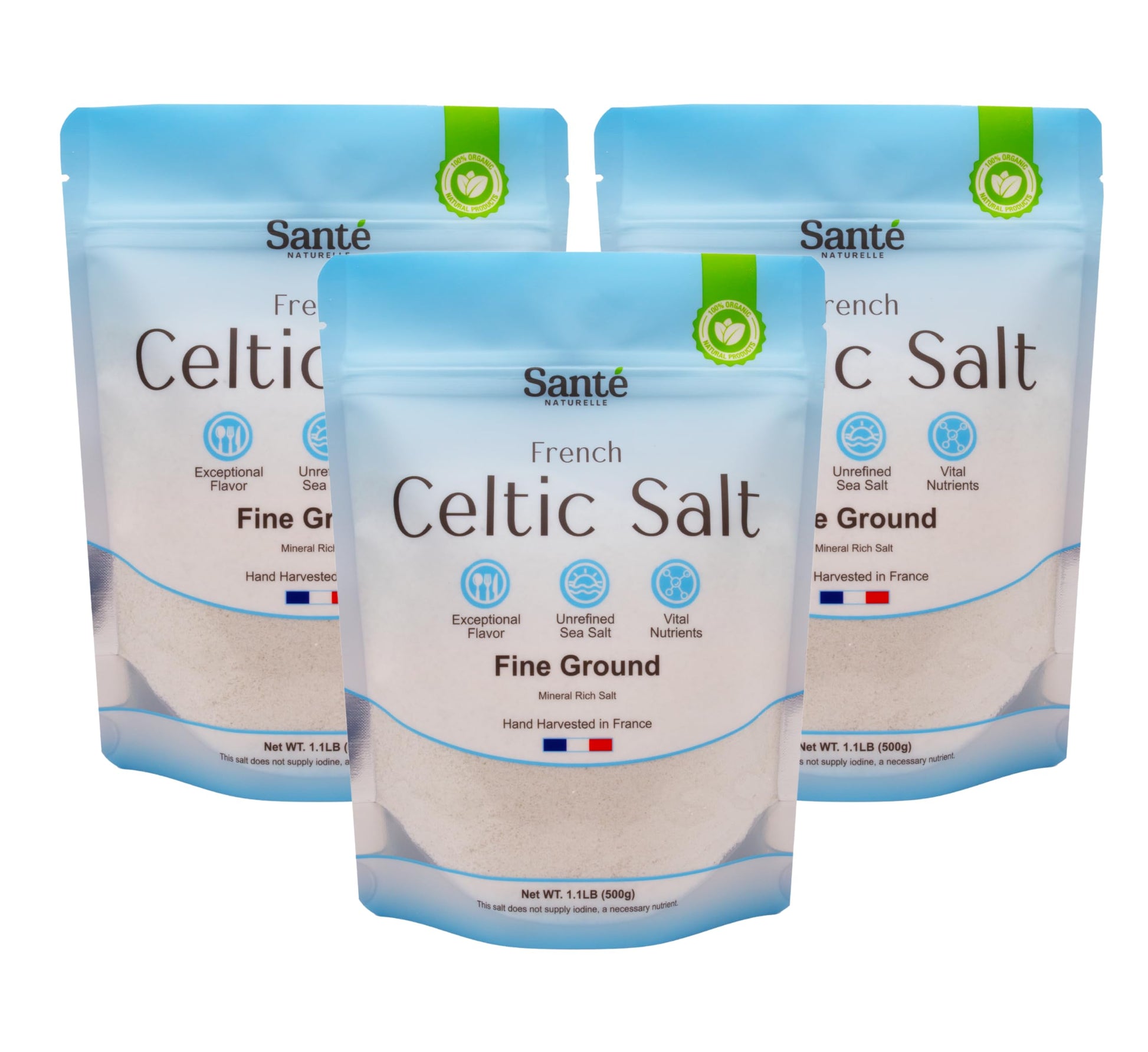 Sante Naturelle Celtic Salt Fine Ground Sea Salt - 1.1lb (18oz) Pack of 3  Unrefined Organic French Sea Salt  Rich in 82+ Minerals Salt  100% Natural & Hand Harvested Sal Celtica