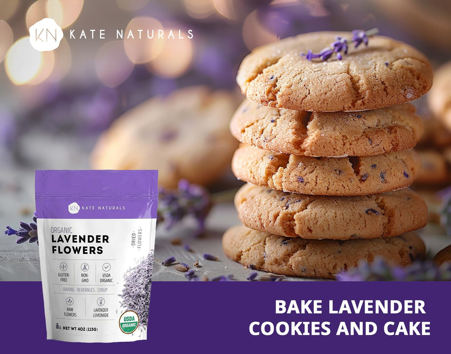 Kate Naturals Dried Lavender Flowers, Culinary Grade, Organic, 4oz, Purple