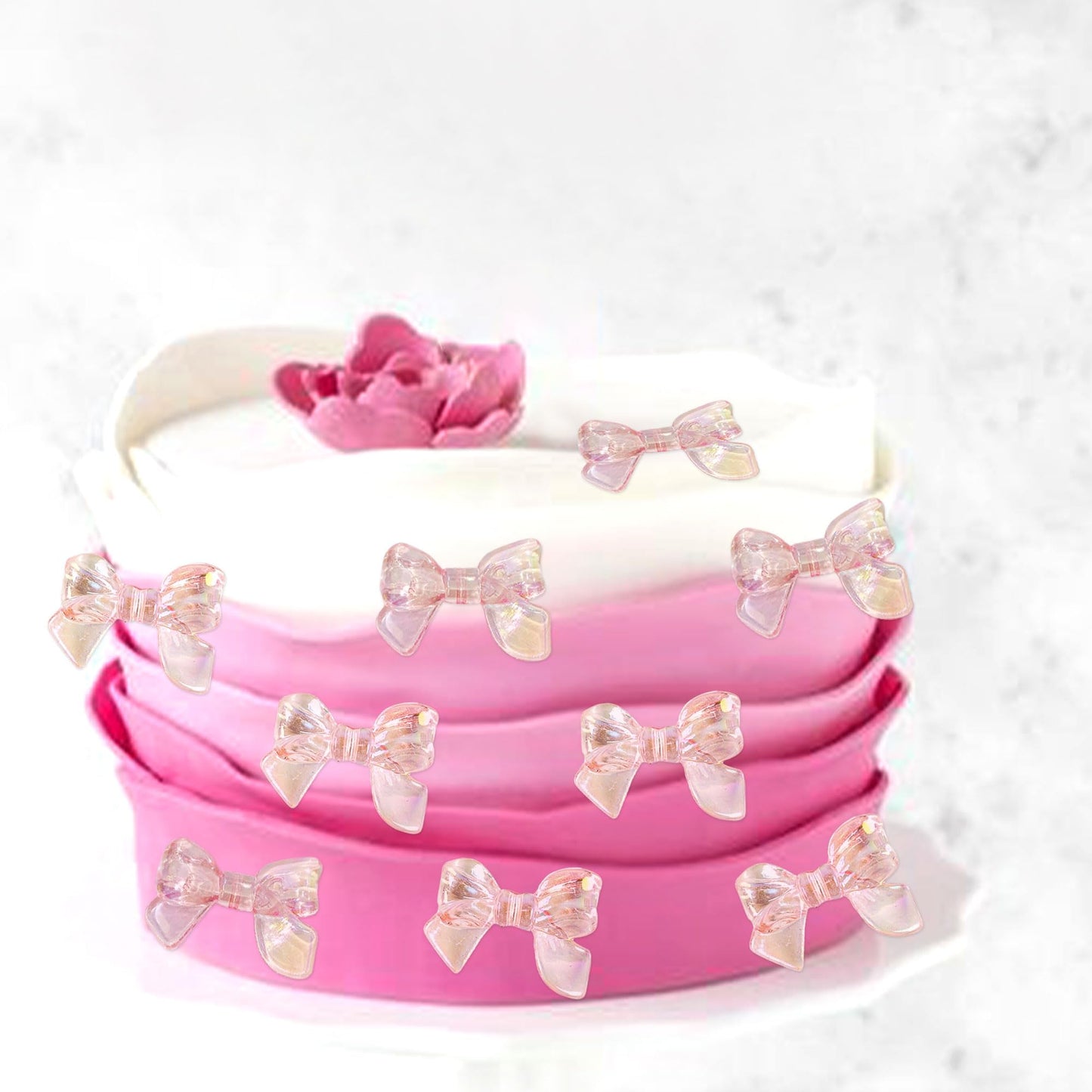 Cyodoos 24Pcs Pink Bow Cake Topper Bowknot Cupcake Toppers Cake Dessert Picks Decoration For Baby Shower Birthday Wedding Party