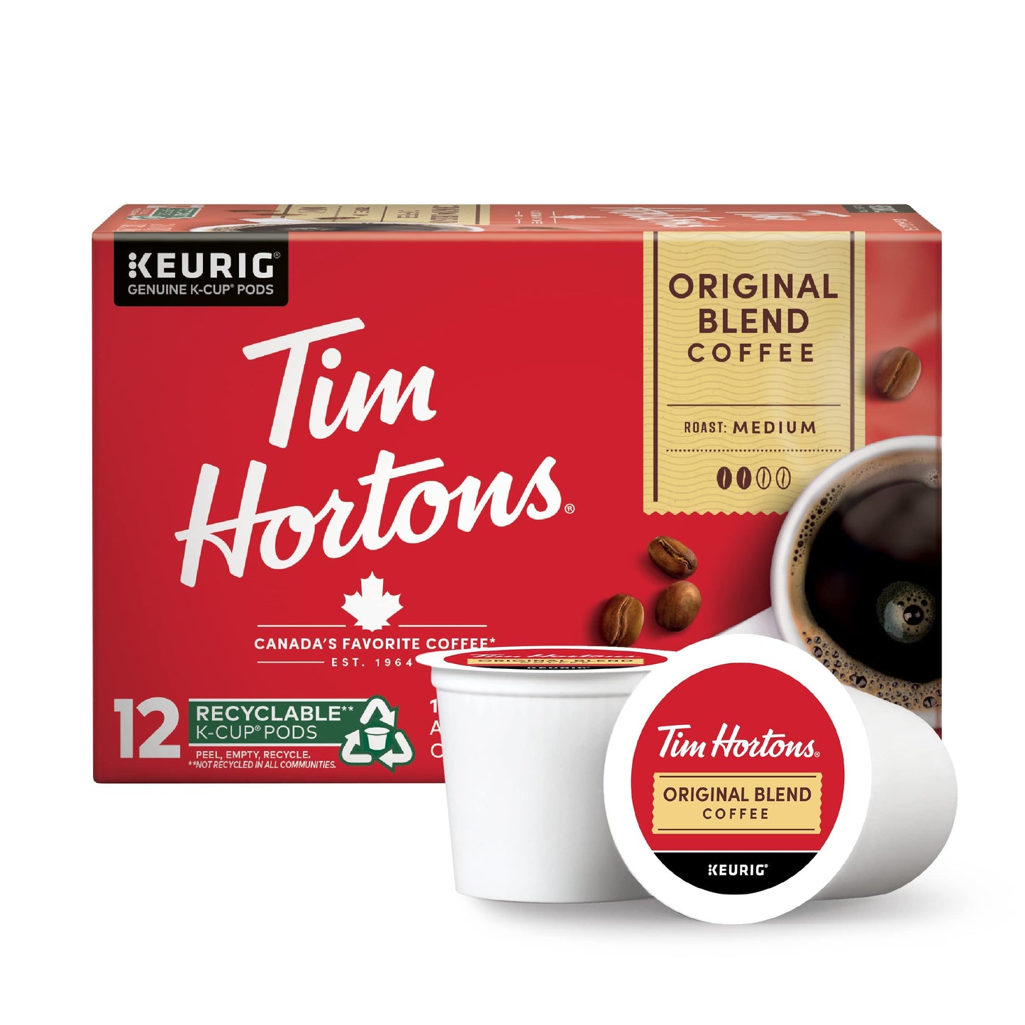 Tim Hortons Original Blend Medium Roast Coffee K-Cup Pods, 12 Count, Compatible with Keurig Brewers, Model 3202010