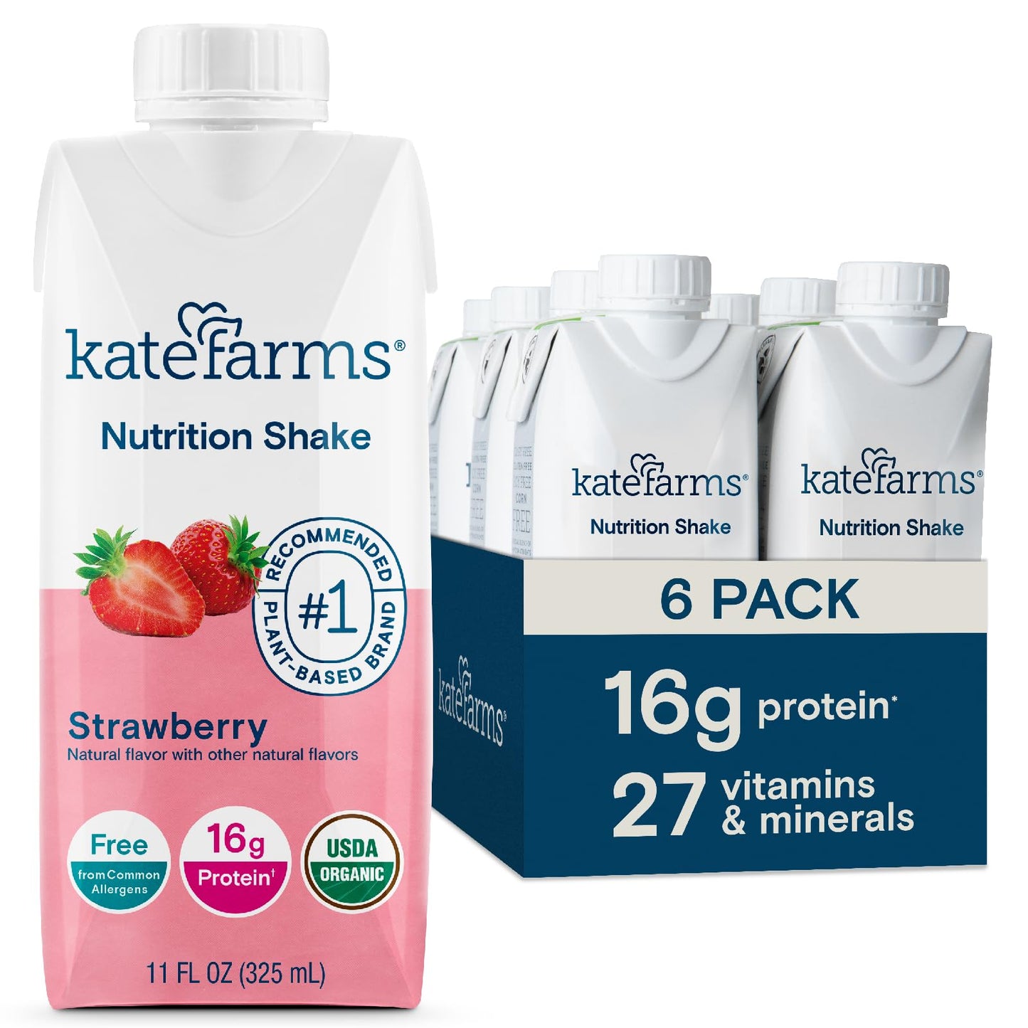 Kate Farms Organic Nutrition Shake, Strawberry, 16g Protein, 27 Vitamins & Minerals, 11 Fl Oz (Pack of 6)