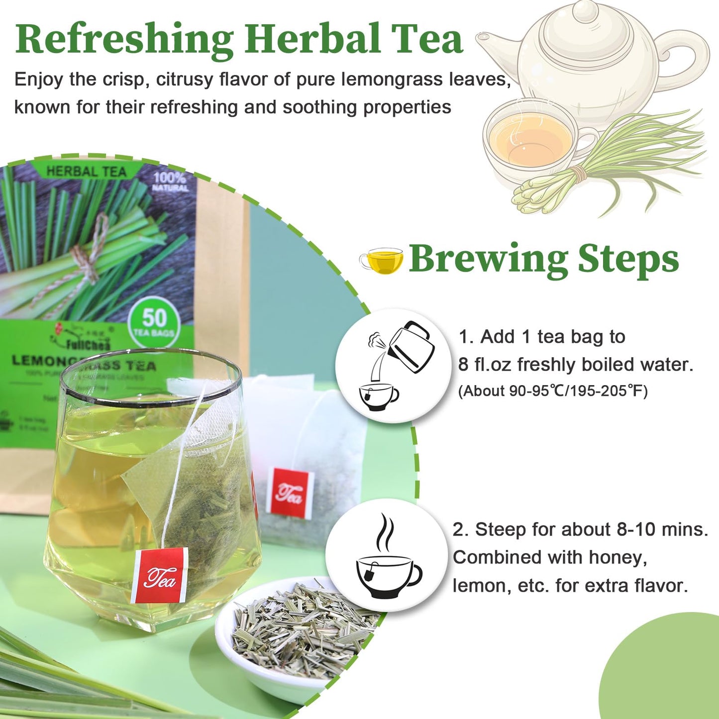 FullChea Lemongrass Tea Bags - Caffeine-Free Herbal Tea, 50 Count