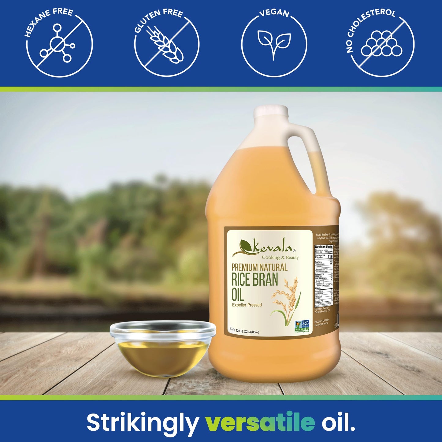 Kevala Rice Bran Oil - Rice Bran Oil For Cooking - Rice Oil - Deep Frying Oil - Non Gmo Cooking Oil - High Heat Cooking Oil - 128 Fluid Ounces - 1 Gal