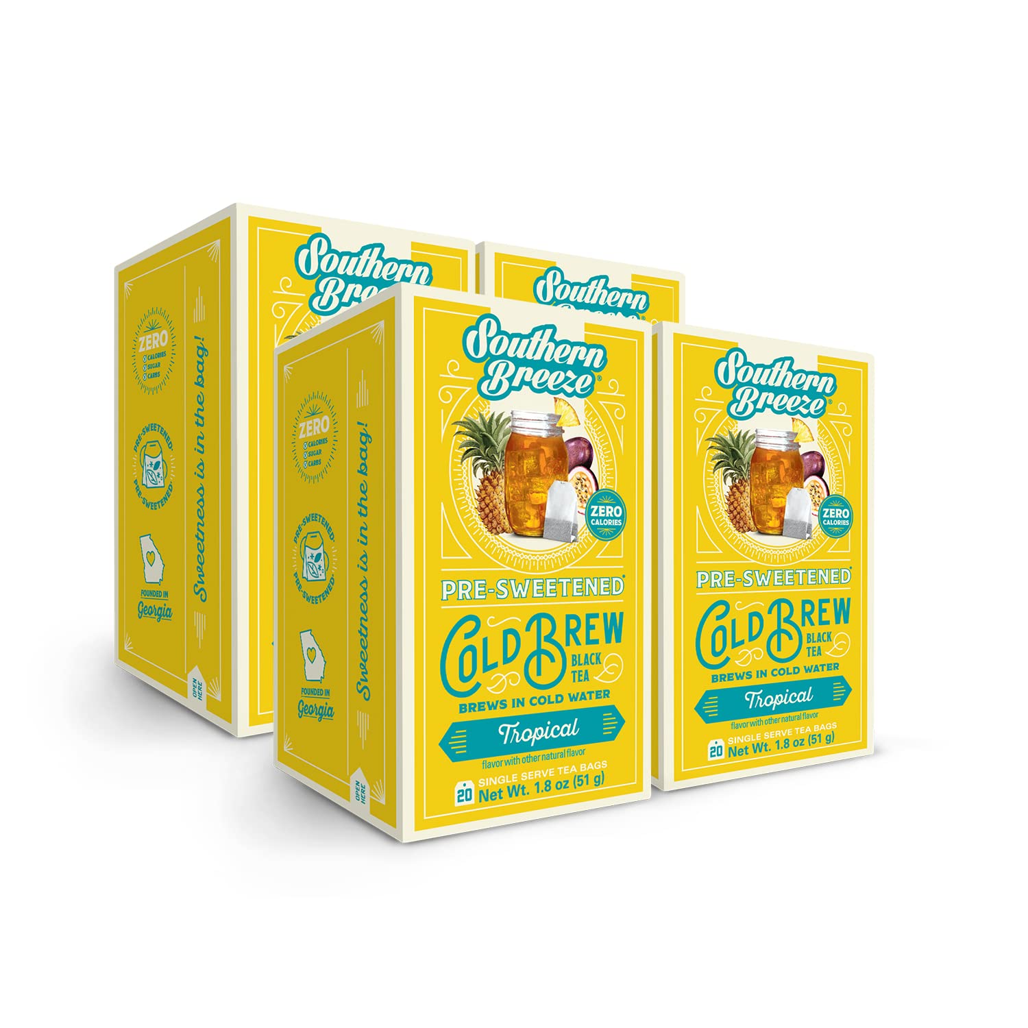 Southern Breeze Cold Brew Sweet Tea Tropical Iced Tea With Black Tea And Zero Carbs Zero Sugar, 20 Individually Wrapped Tea Bags, Pack Of 4