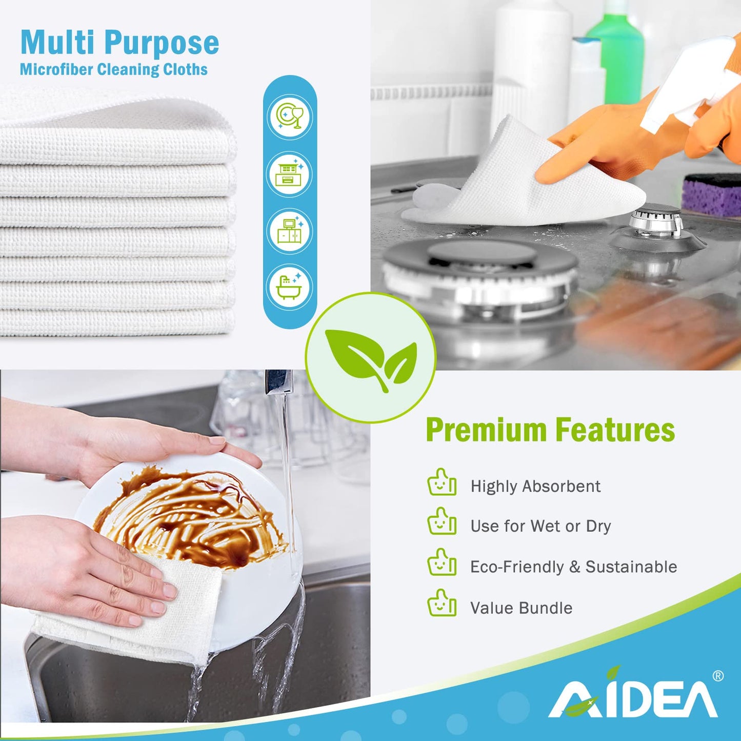 Aidea Microfiber Cleaning Cloths White-24Pk, Absorbent Cleaning Rags, Lint-Free, Scratch-Free, Streak-Free Wash Cloths, Microfib