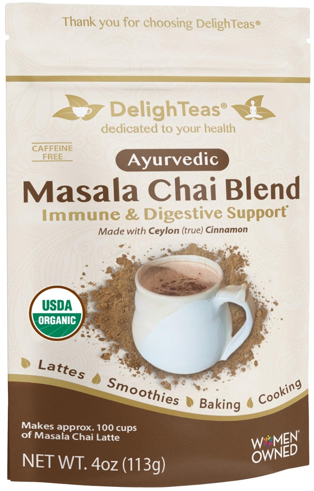 DelighTeas Organic Masala Chai Powder, Caffeine Free, Vegan, Keto, 4oz, 100 Servings