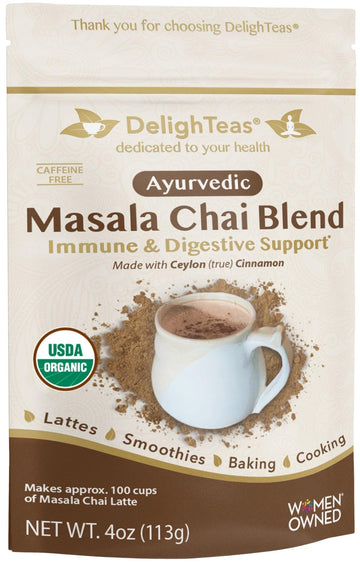 DelighTeas Organic Masala Chai Powder, Caffeine Free, Vegan, Keto, 4oz, 100 Servings