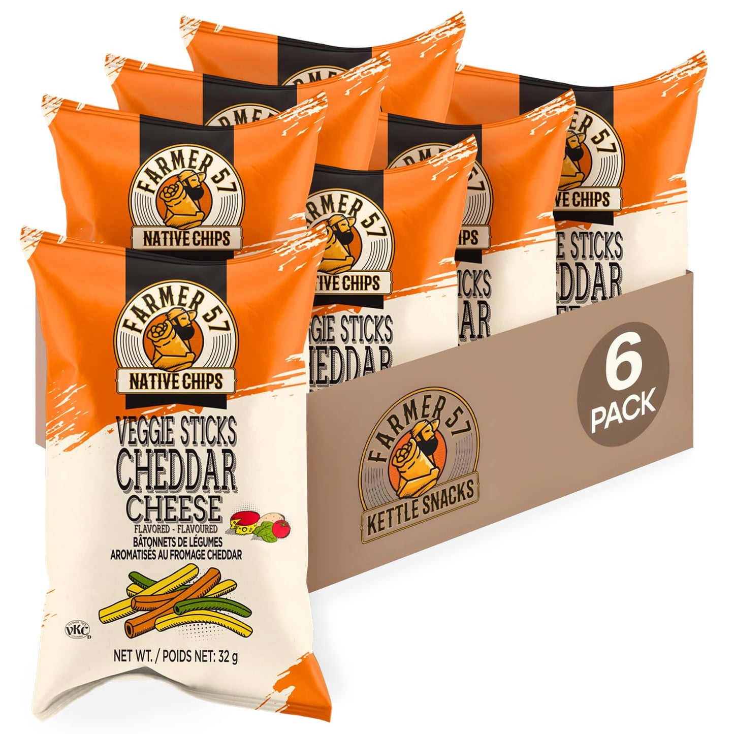 Farmer 57 Native Chips Veggie Cheddar Cheese Sticks 1.13 oz - 6 Pack Healthy Kettle-Cooked Snack, 30% Less Fat, Gluten-Free Plan