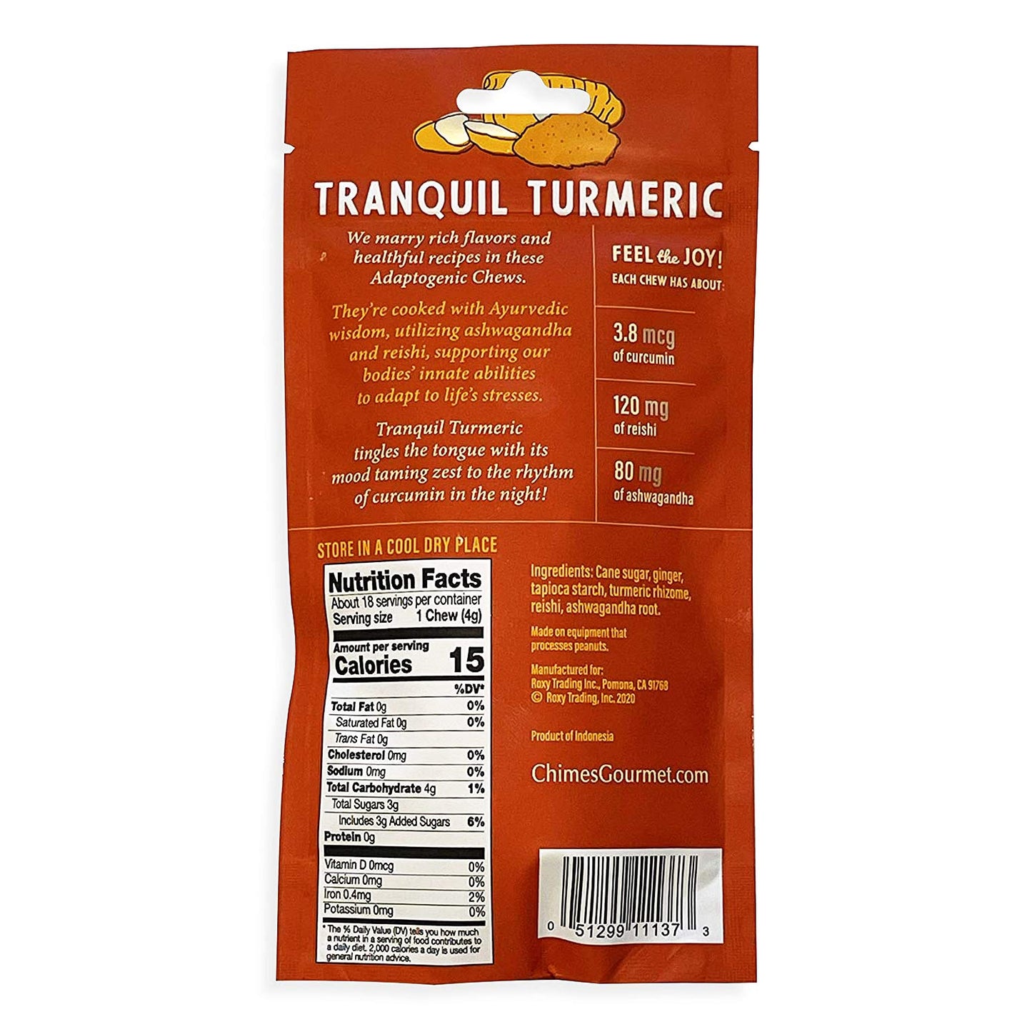 Chimes Tranquil Turmeric Adaptogen Ginger Chews Candy - (2 Pack With Ashwagandha, Reishi And Turmeric With Curcumin) Vegan, Glut