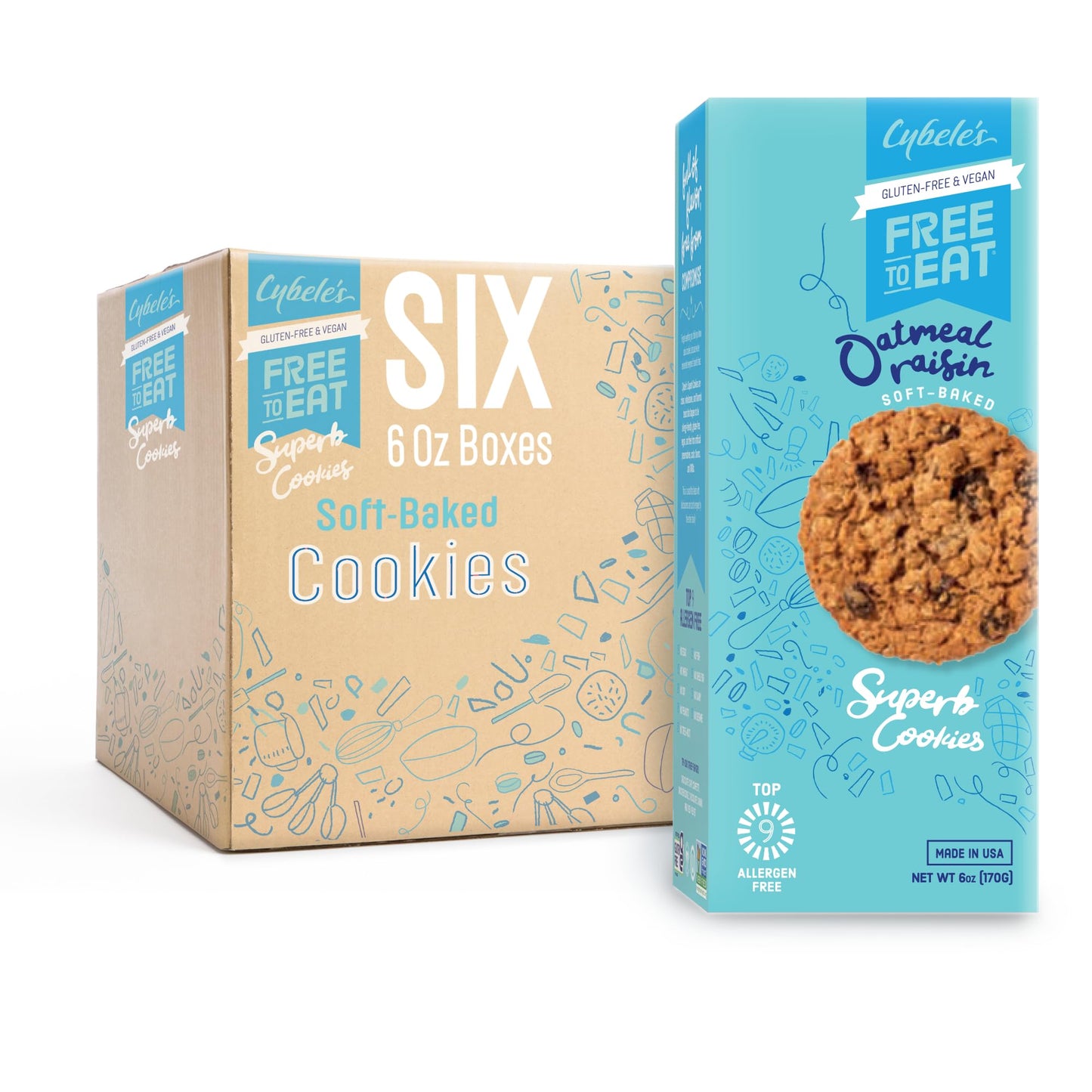 CYBELES FREE TO EAT Gluten-Free Vegan Cookies, Soft-Baked Snack, Oatmeal Raisin, 6 oz Box (Pack of 6)