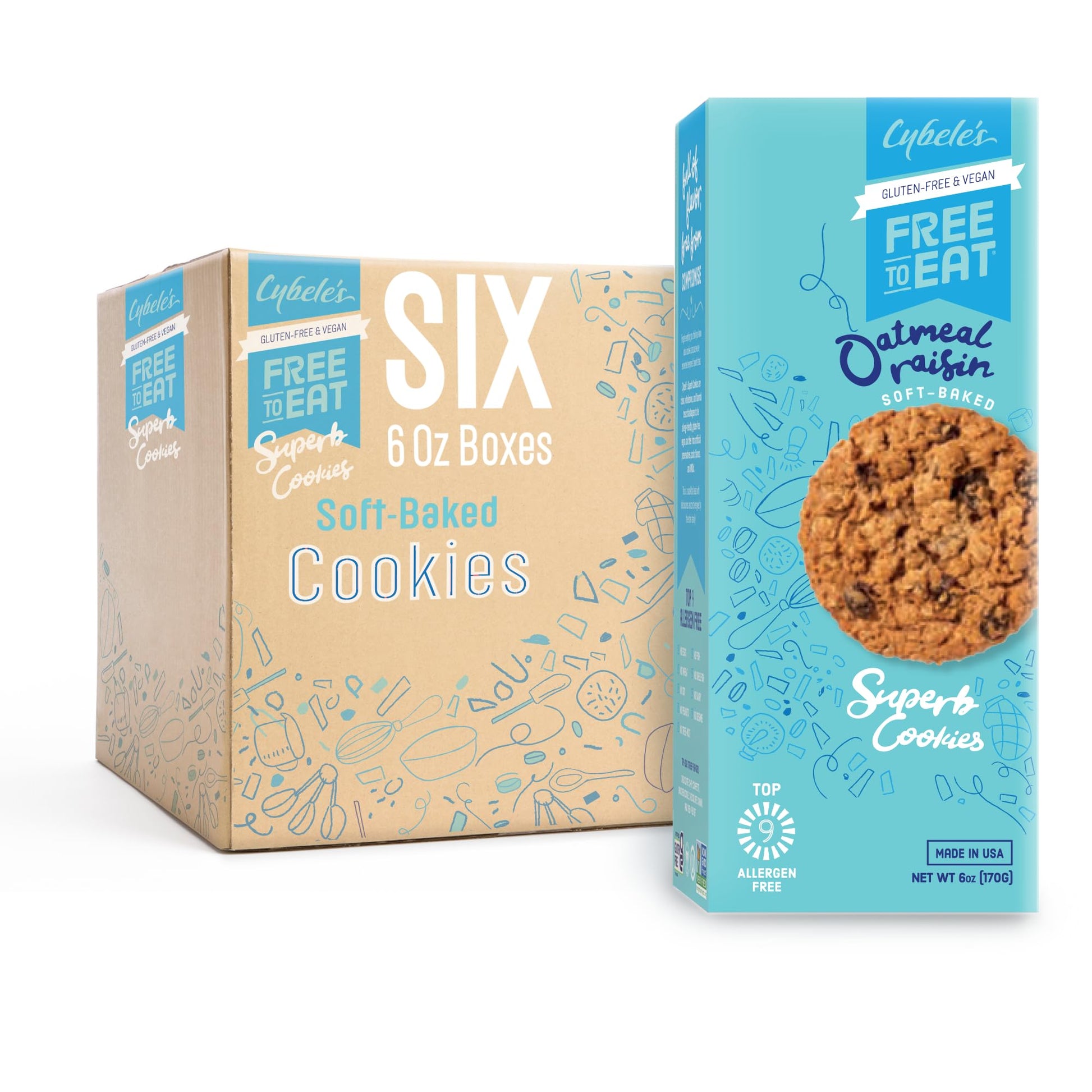 CYBELES FREE TO EAT Gluten-Free Vegan Cookies, Soft-Baked Snack, Oatmeal Raisin, 6 oz Box (Pack of 6)