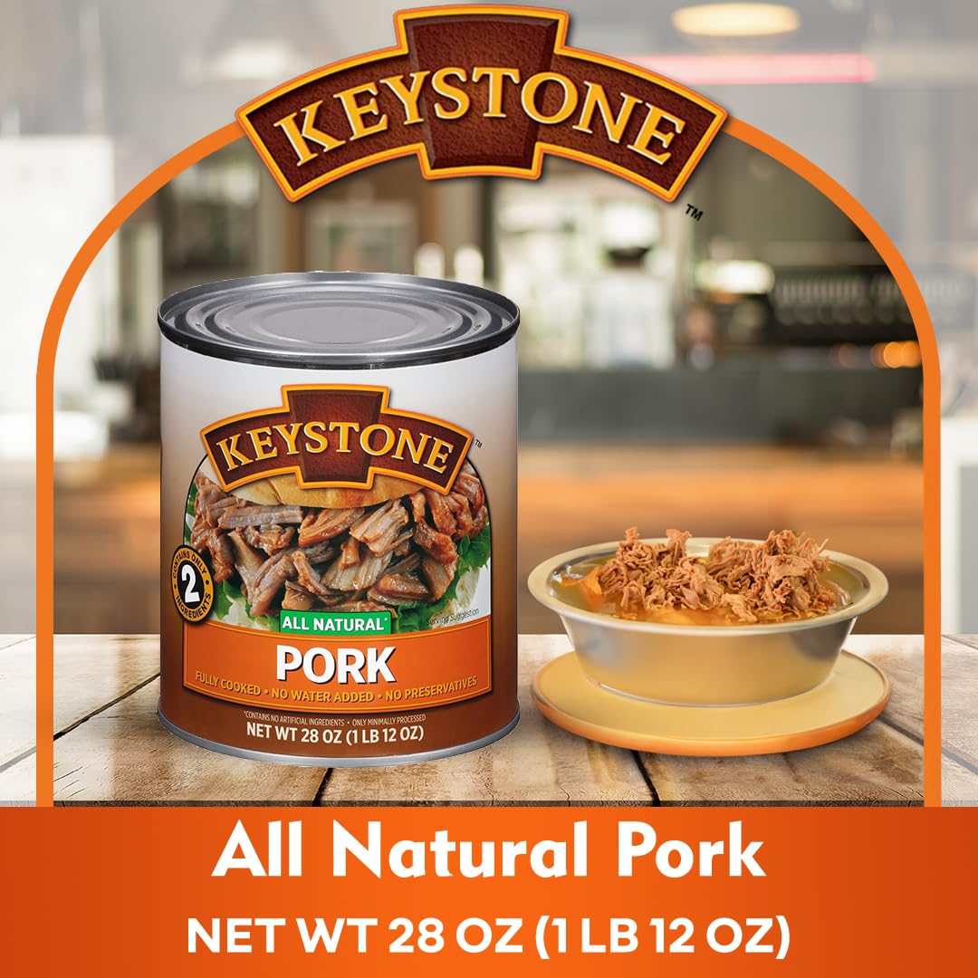 Keystone Meats All Natural Heat and Serve Canned Pork, 28 oz - Fully Cooked and Ready to Eat - Shelf Stable for 5 Years - Canned