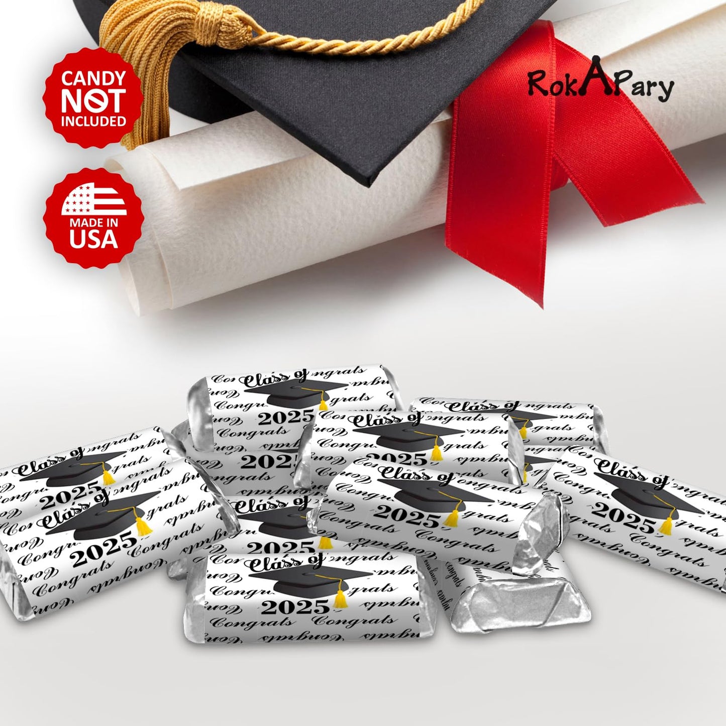 60 Graduation Cap Party Class Of 2025 Miniatures Candy Bar Wrapper, (Set Of 60) Mini Candy Chocolate Bar Stickers, Labels, Candy